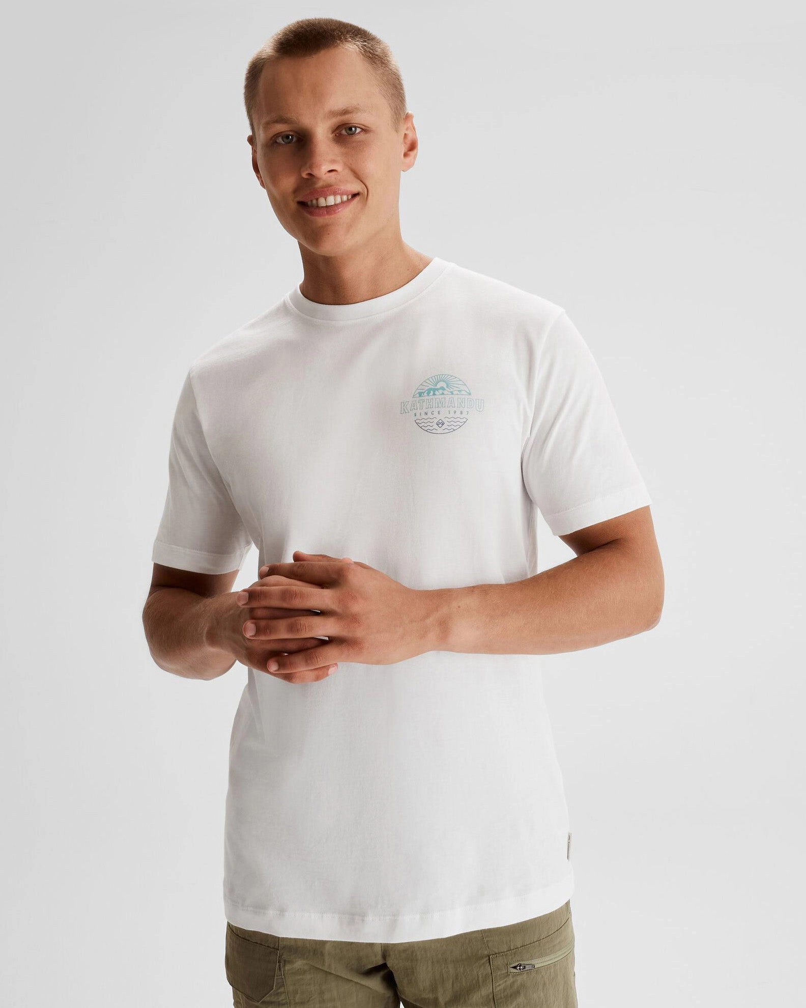 Stretch Fit Top Fade Resistant Coating Men's Kathmandu Logo Faded Organic Cotton T-shirt - White