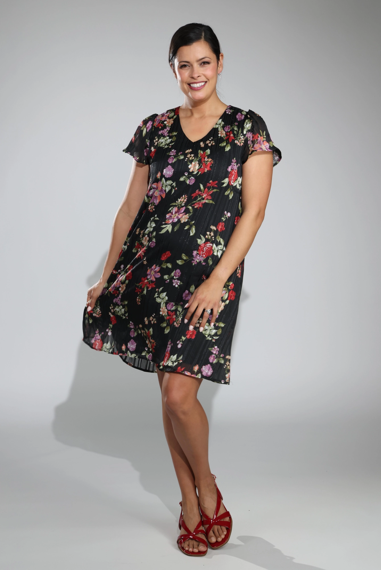 Bright-colored piece Stylish Waistband Fit Dress | Black Lilac Bouquet | 8564C1