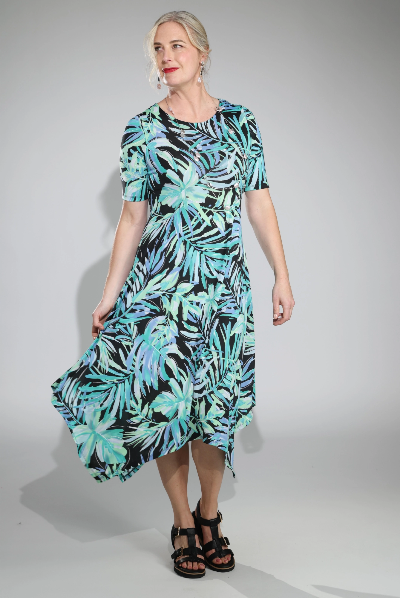 Pleated design Jewel Tones Dress | Black Sage Palm Puff | 7423C1
