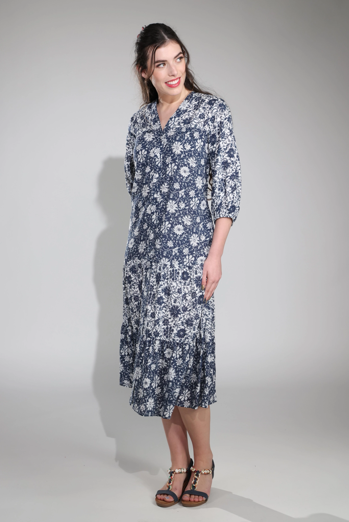 Soft Presence Modern Waist Dress | Indigo Vines | 6541C1