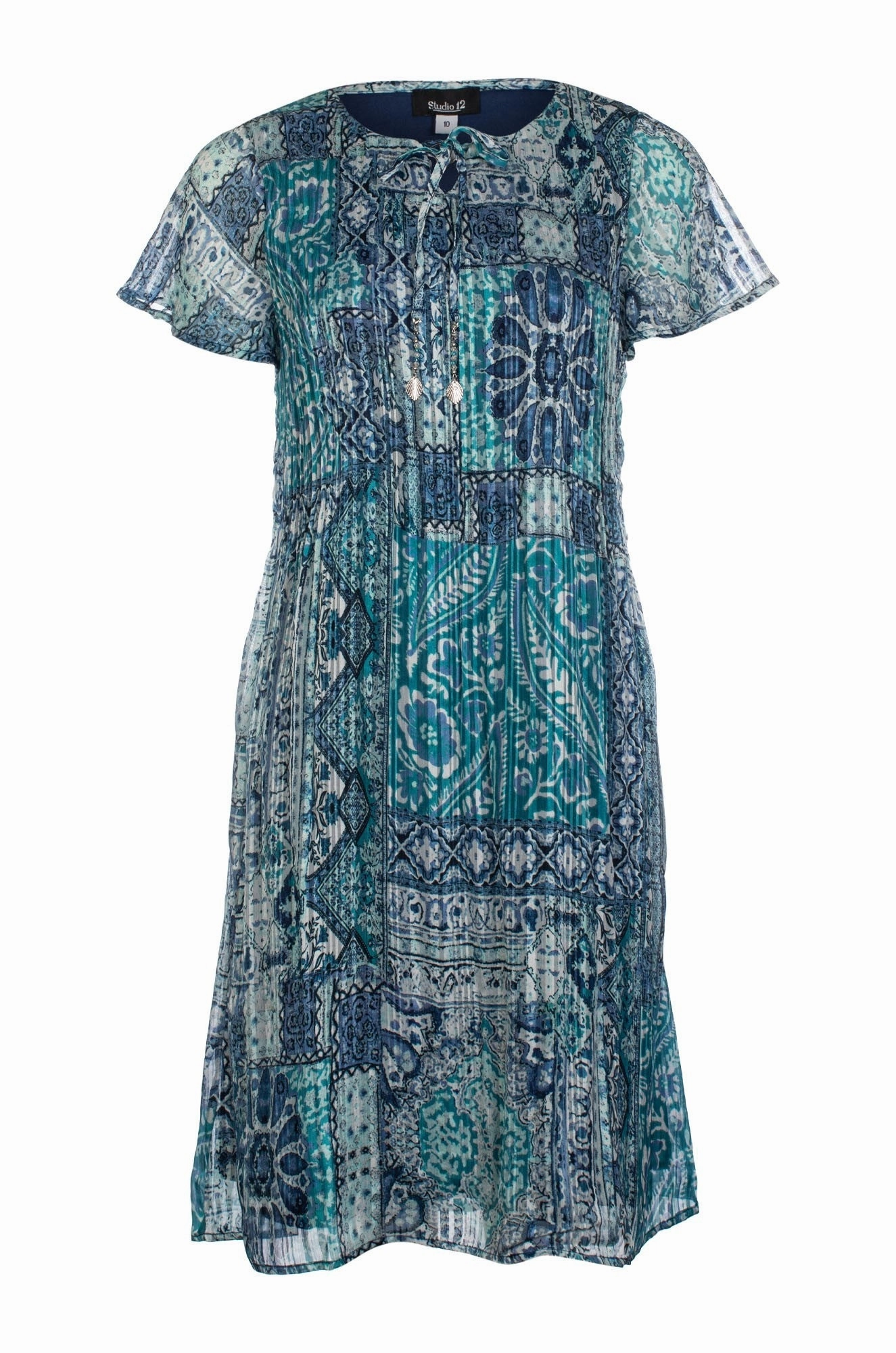 SeamlessConstruction Dress | Mint Indigo Patchwork | 8573C1