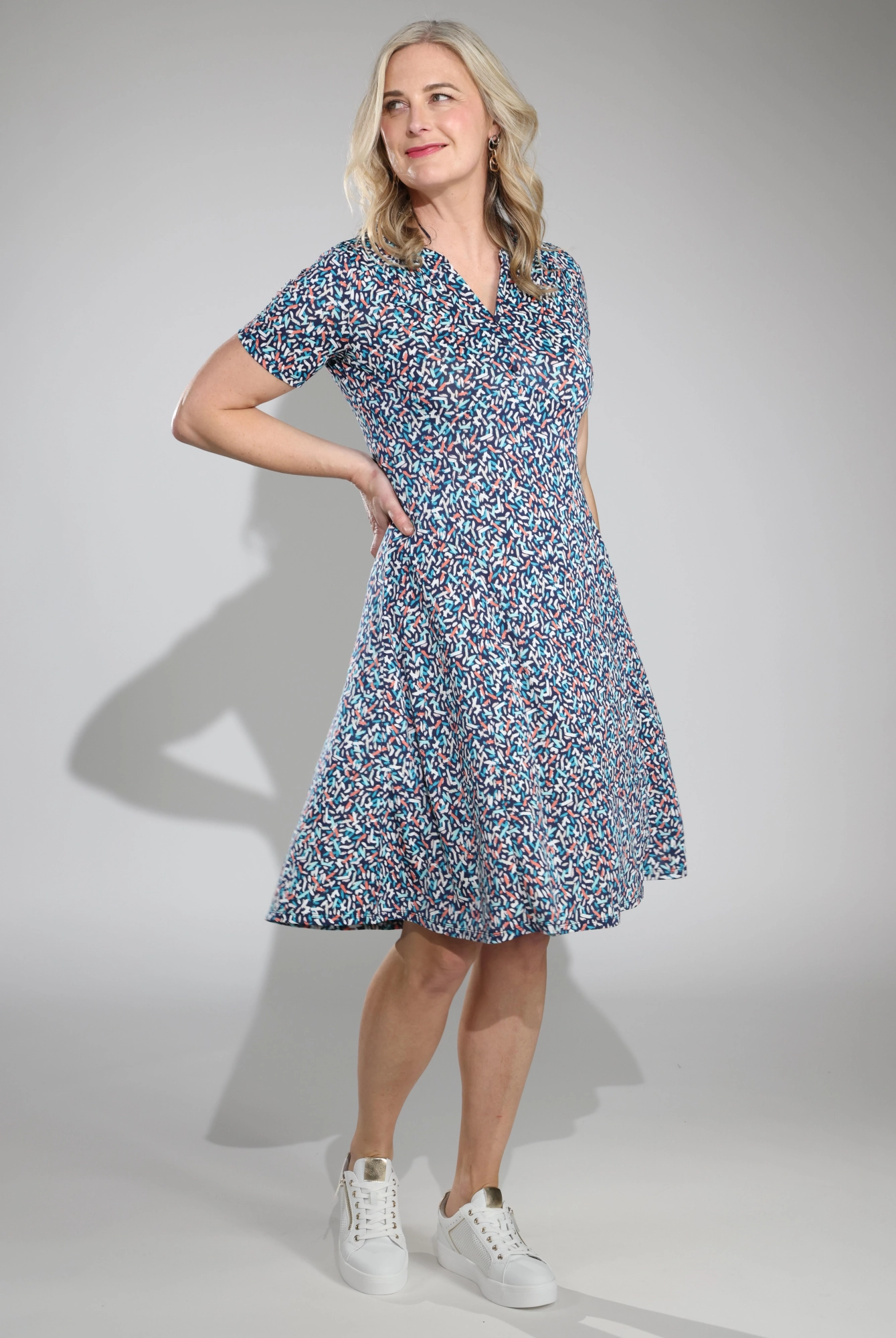 Dress | Navy Coral Dash Puff | 7421C1 Side Pleats Semi Casual