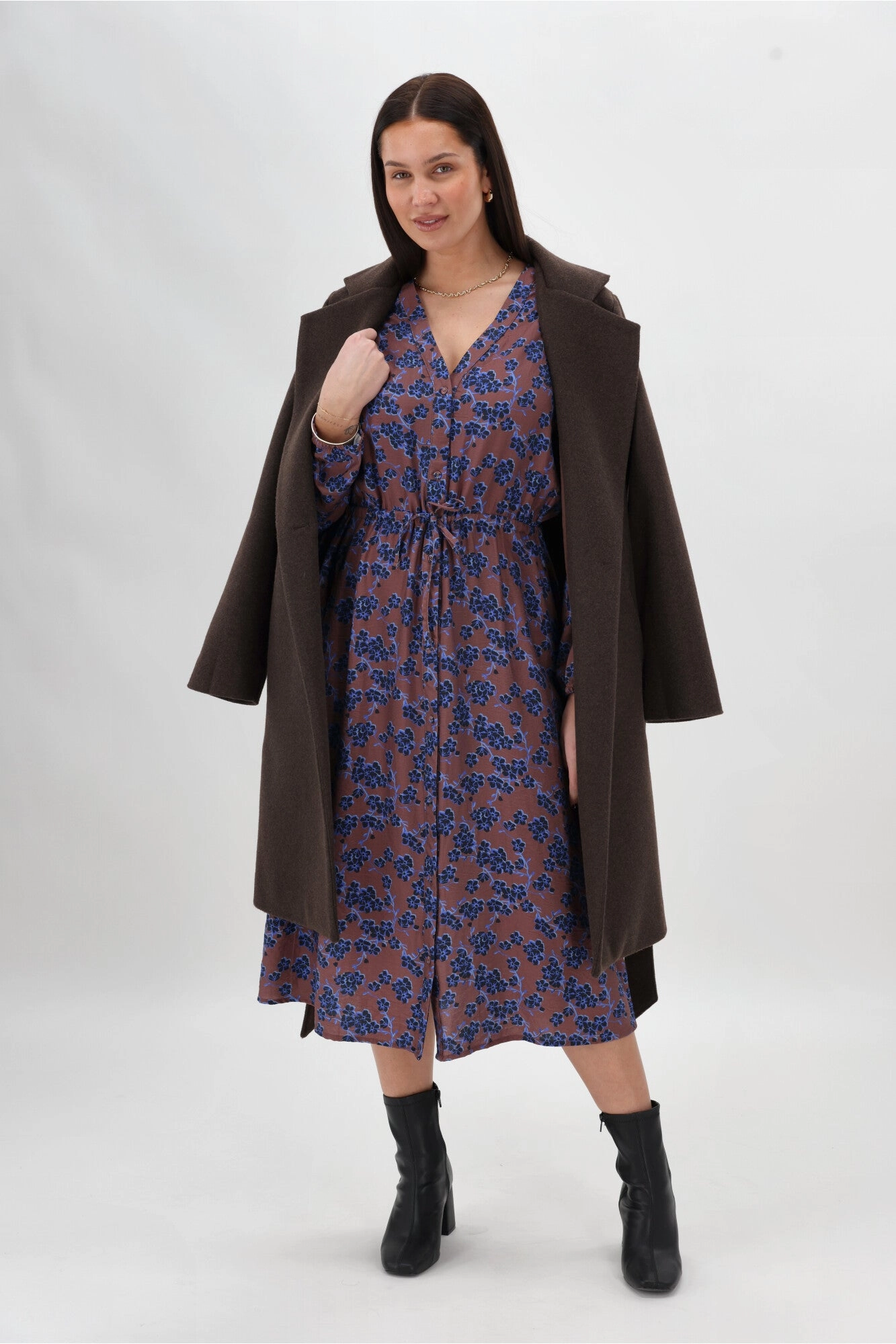Gloss The Label Amilie Button Front Midi Dress Chocolate Floral Subtle Elegance Runway-Ready
