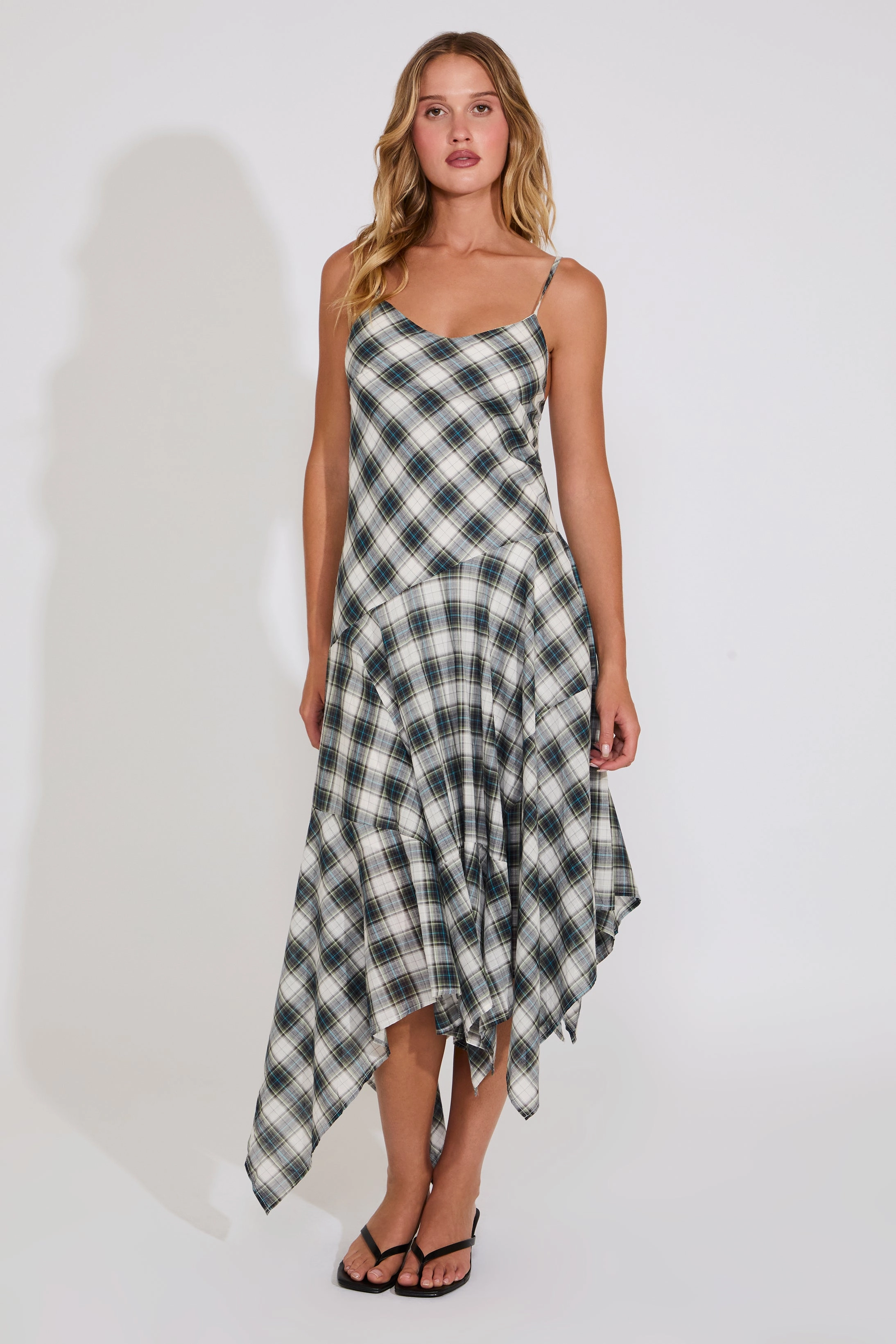 DROP WAIST PLAID SLEEVELESS MIDI DRESS Sophisticated Style