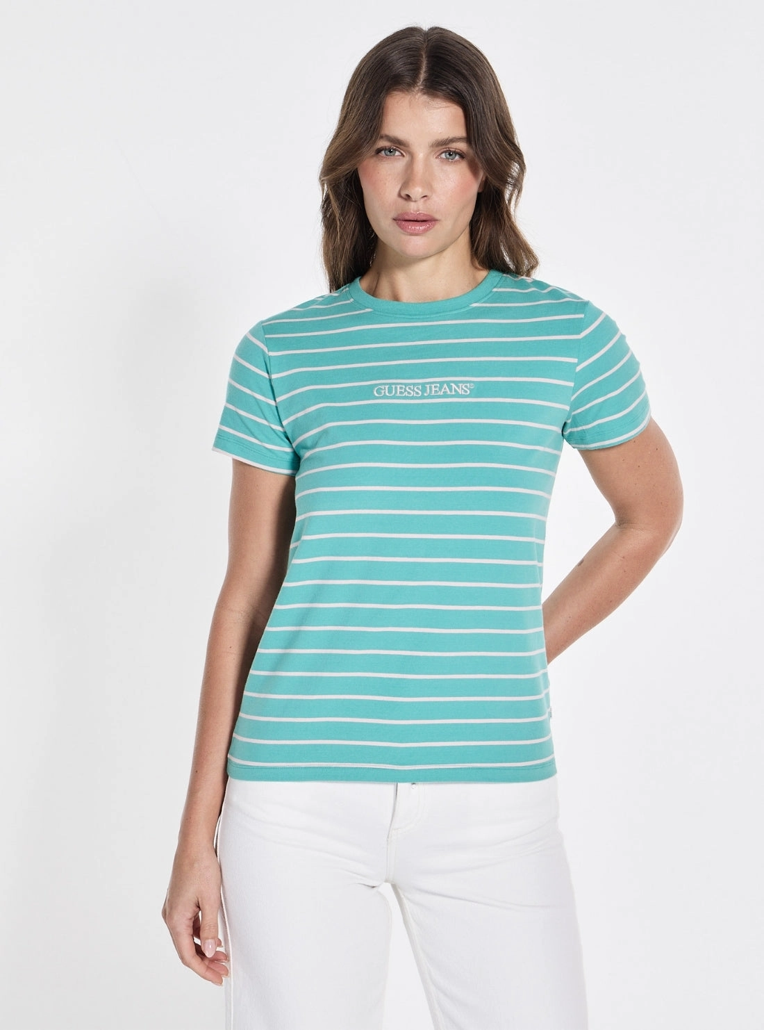 ZeroWastePattern Guess Jeans Green Striped Script T-Shirt