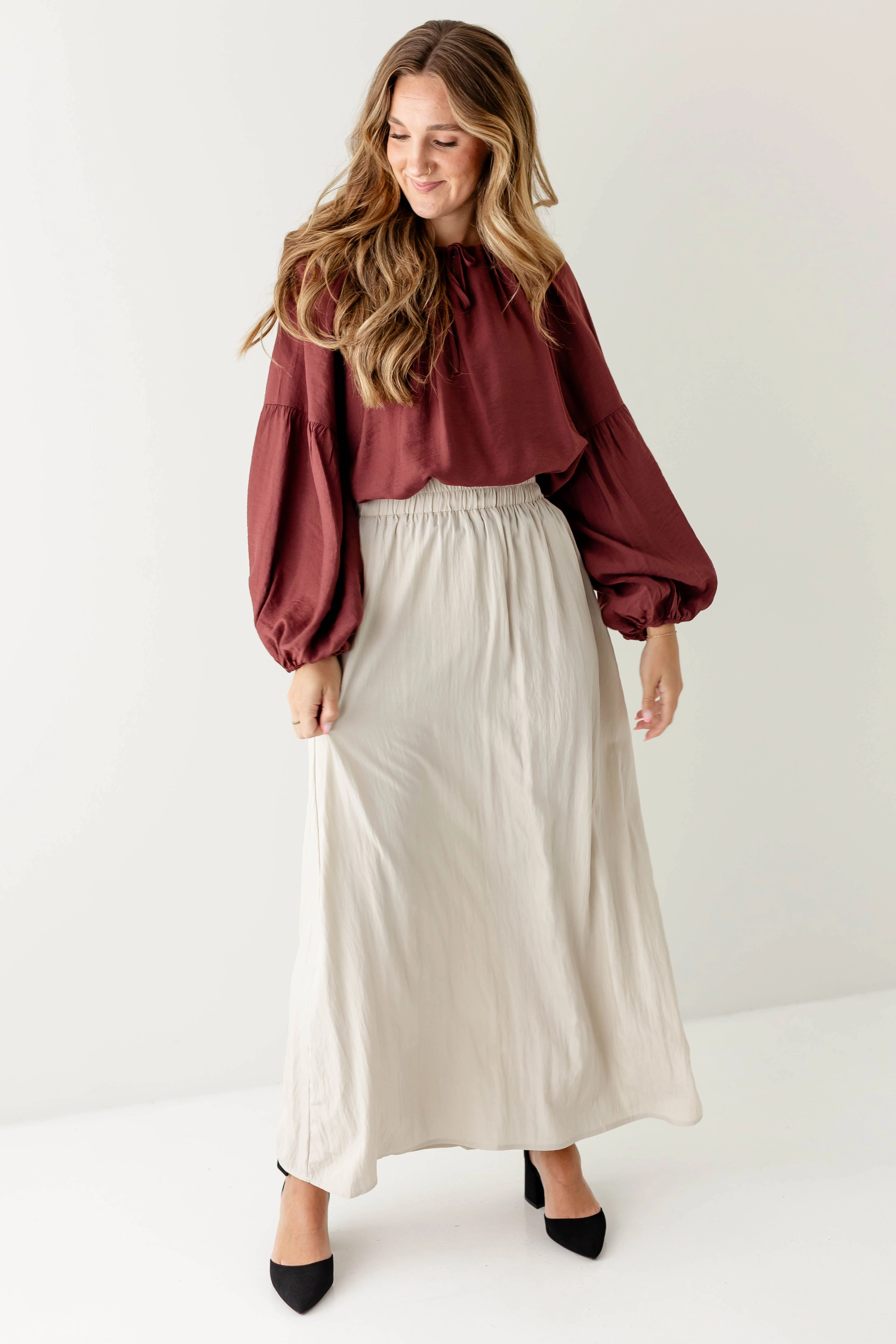 Textured Surface 'Magdalene' Shirred Maxi Skirt in Beige