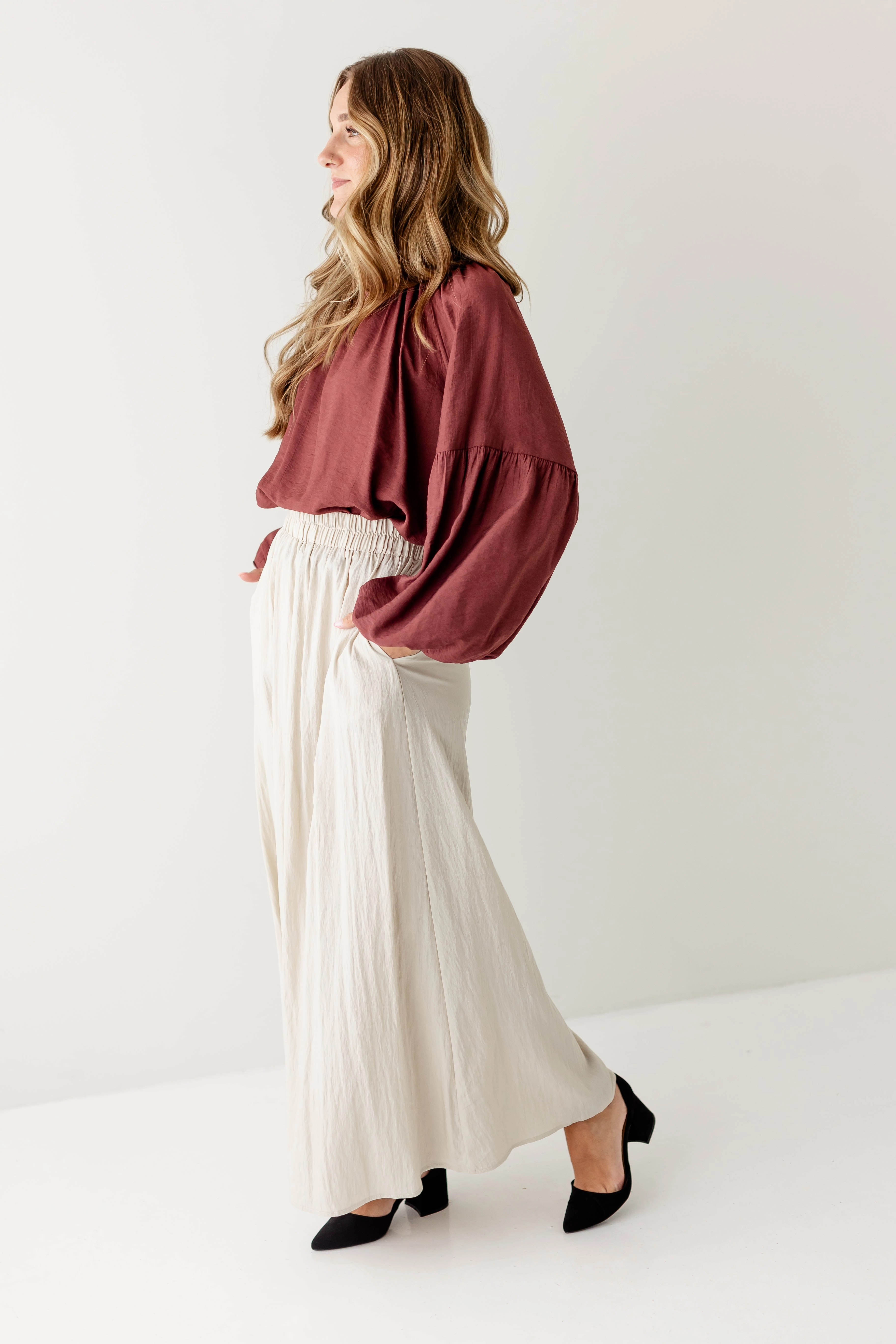 'Magdalene' Shirred Maxi Skirt in Beige Bohemian vibe