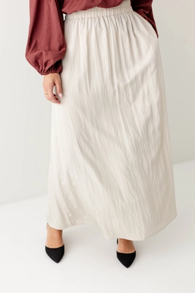 Twist Front Design 'Magdalene' Shirred Maxi Skirt in Beige