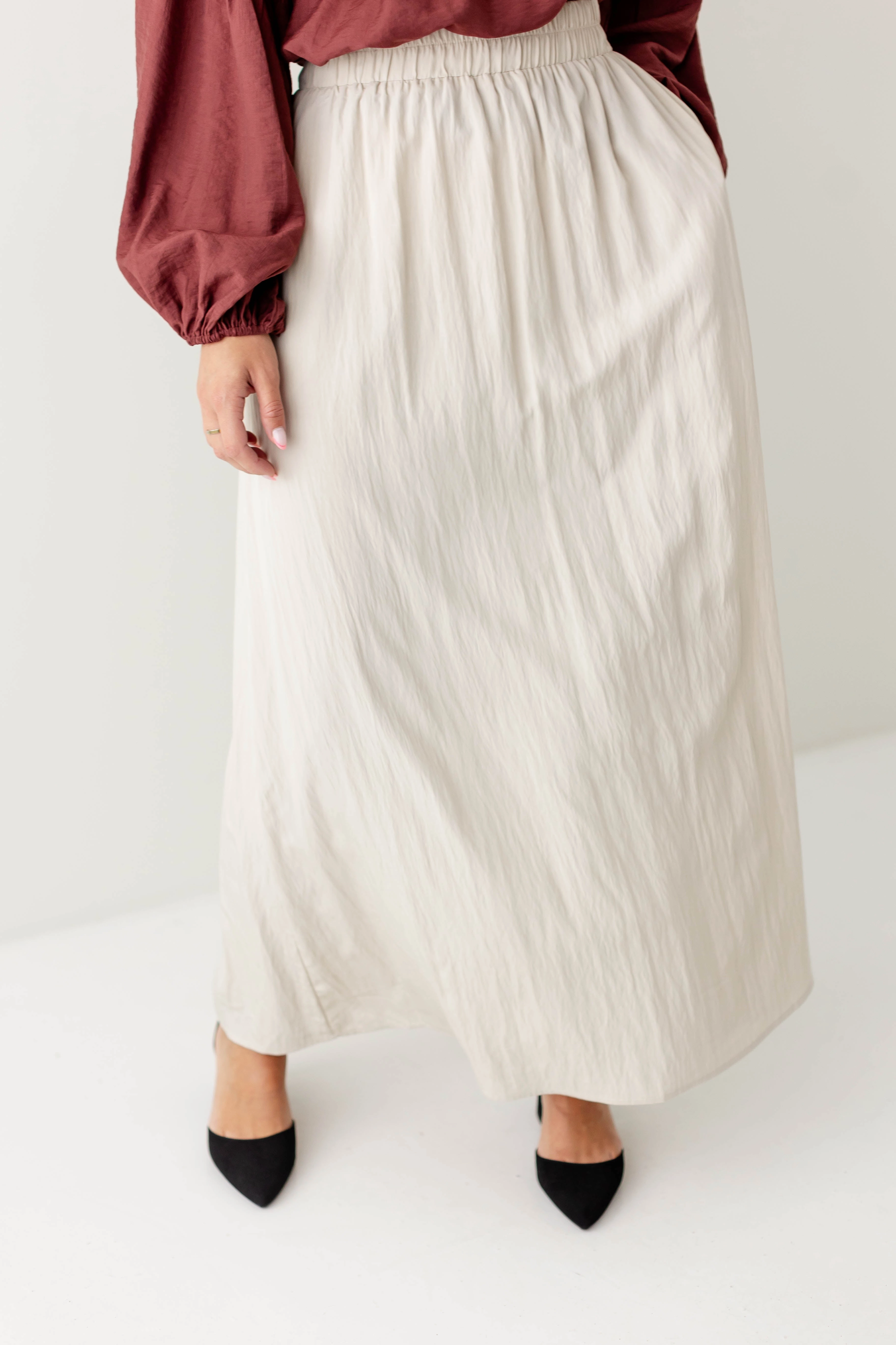 Twist Front Design 'Magdalene' Shirred Maxi Skirt in Beige