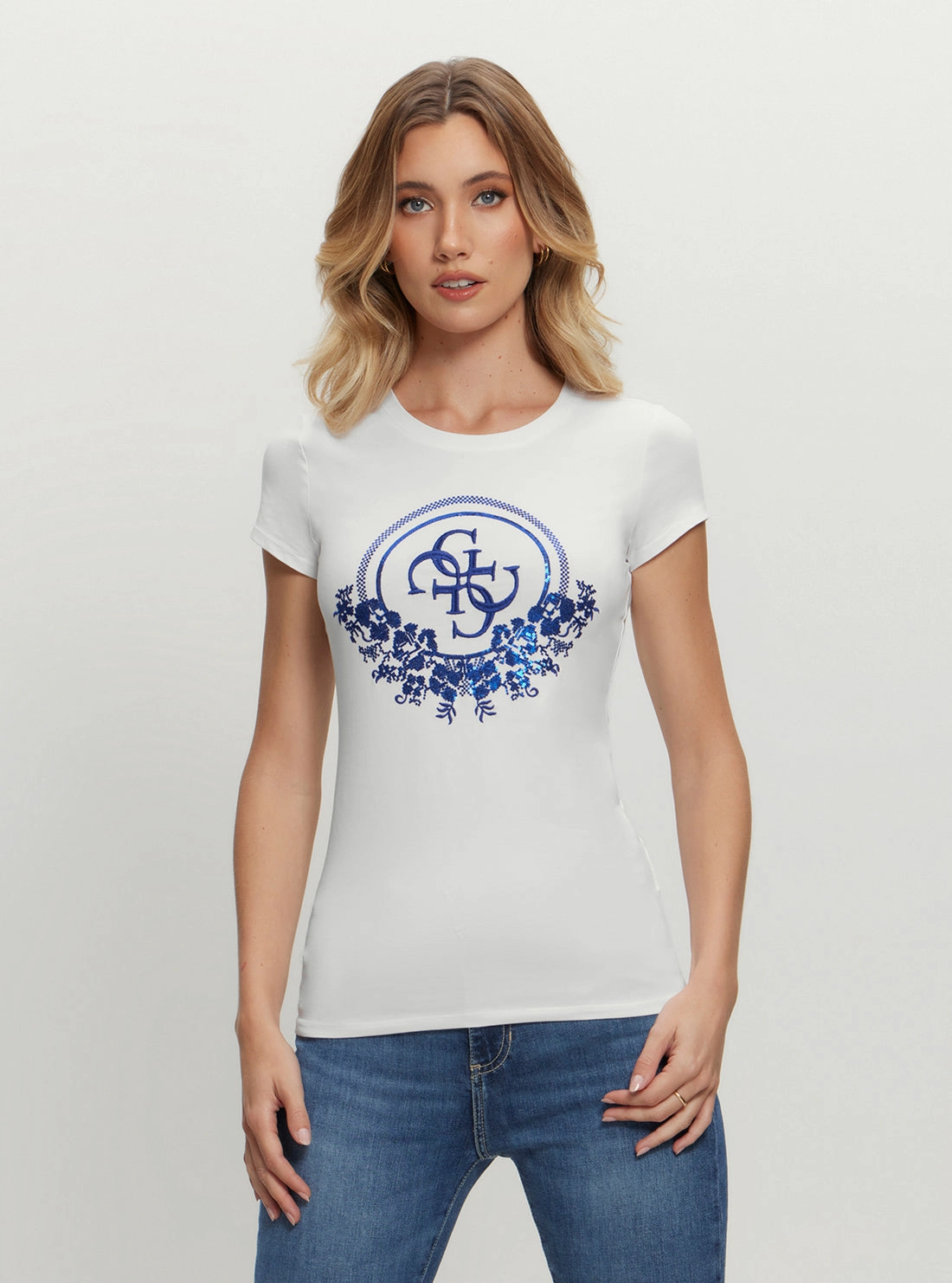 Versatile Design Eco White Blue Cheker Sequin T-Shirt