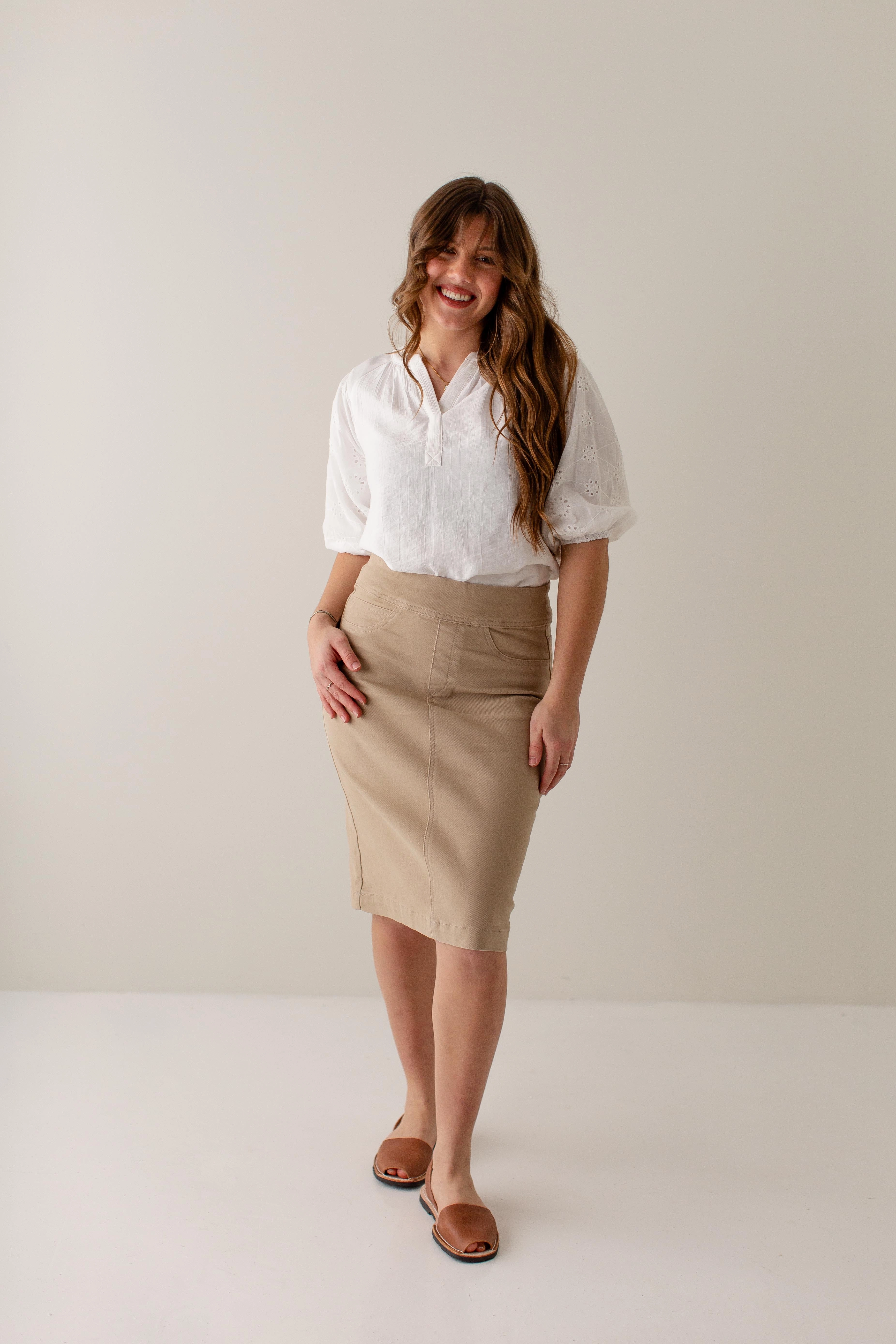 Gather Details Knitted Fabric 'Sara' Stretch Denim Skirt in Khaki