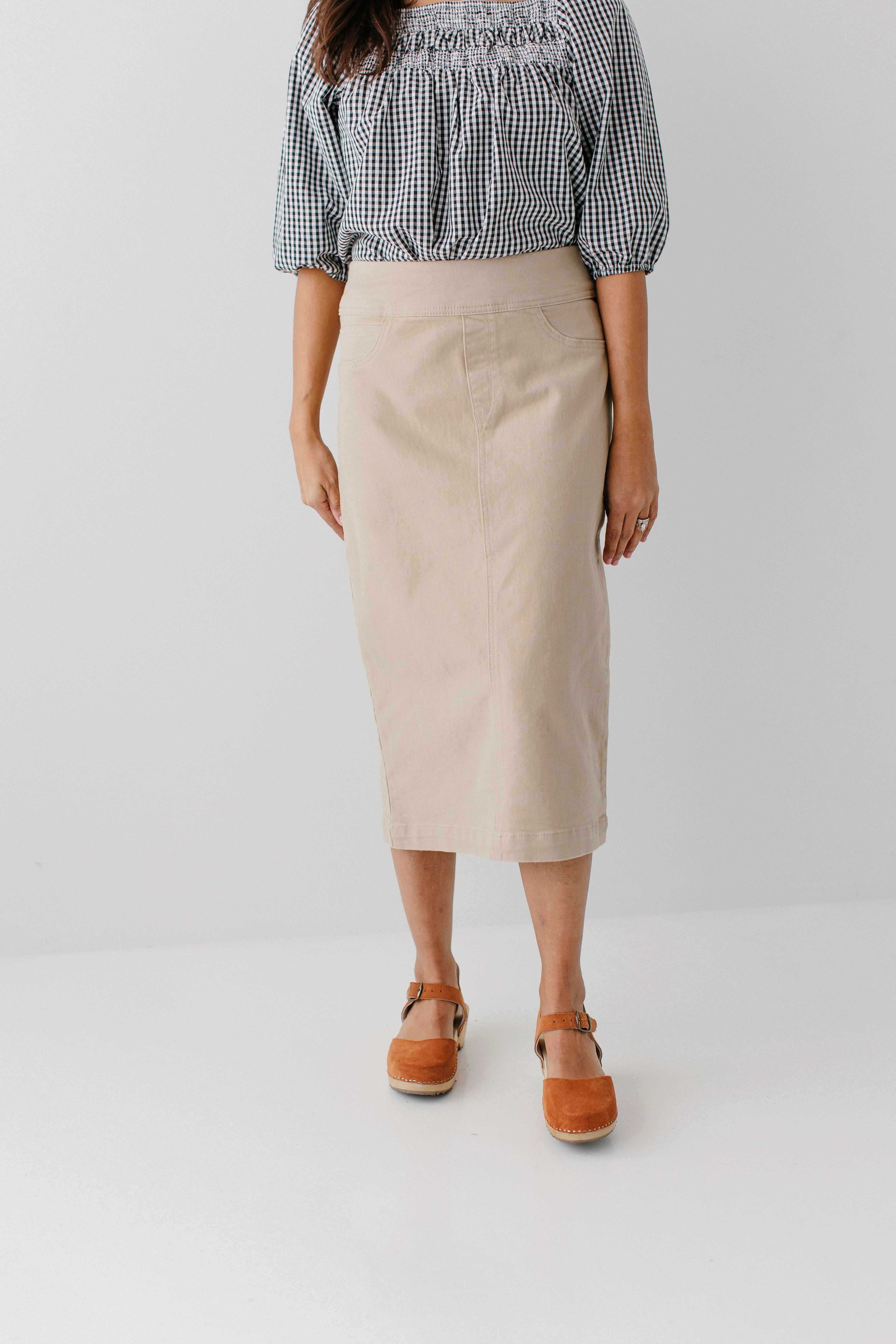 'Sara' Stretch Denim Skirt in Khaki Roll Up Hem Quick Wear