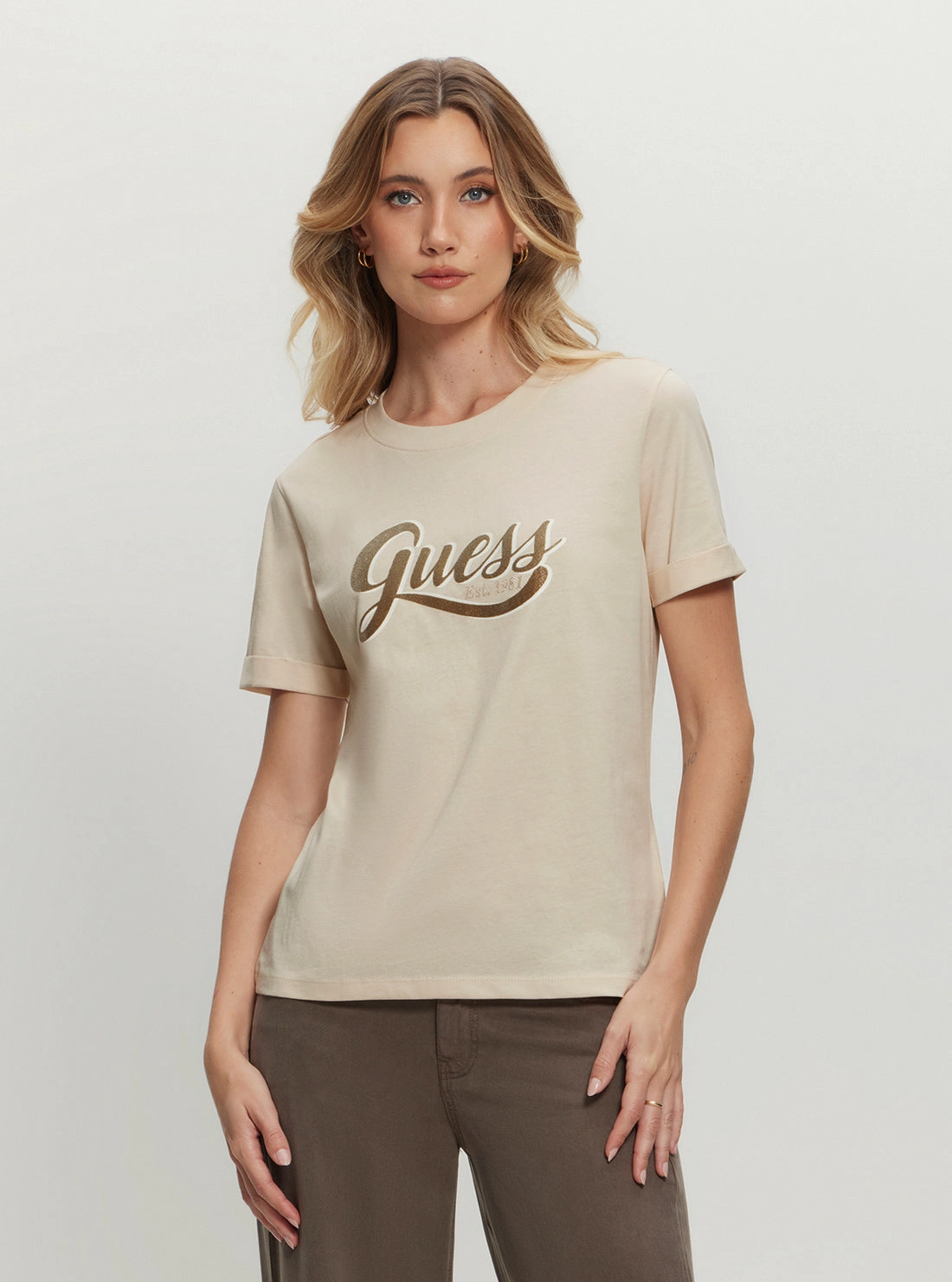Eco Beige Glittery Logo T-Shirt Office Wear Soft Touch Fabric