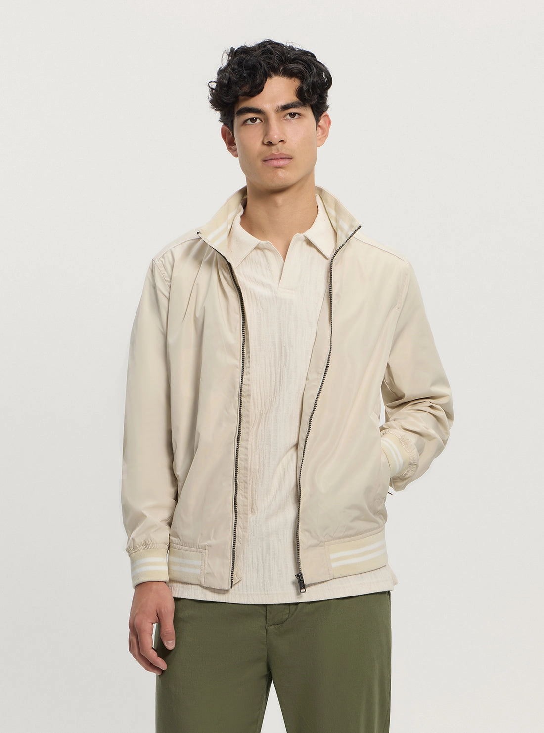 PFC Free Waterproofing Hypoallergenic Fibers Eco Beige Urban Satin Bomber Jacket