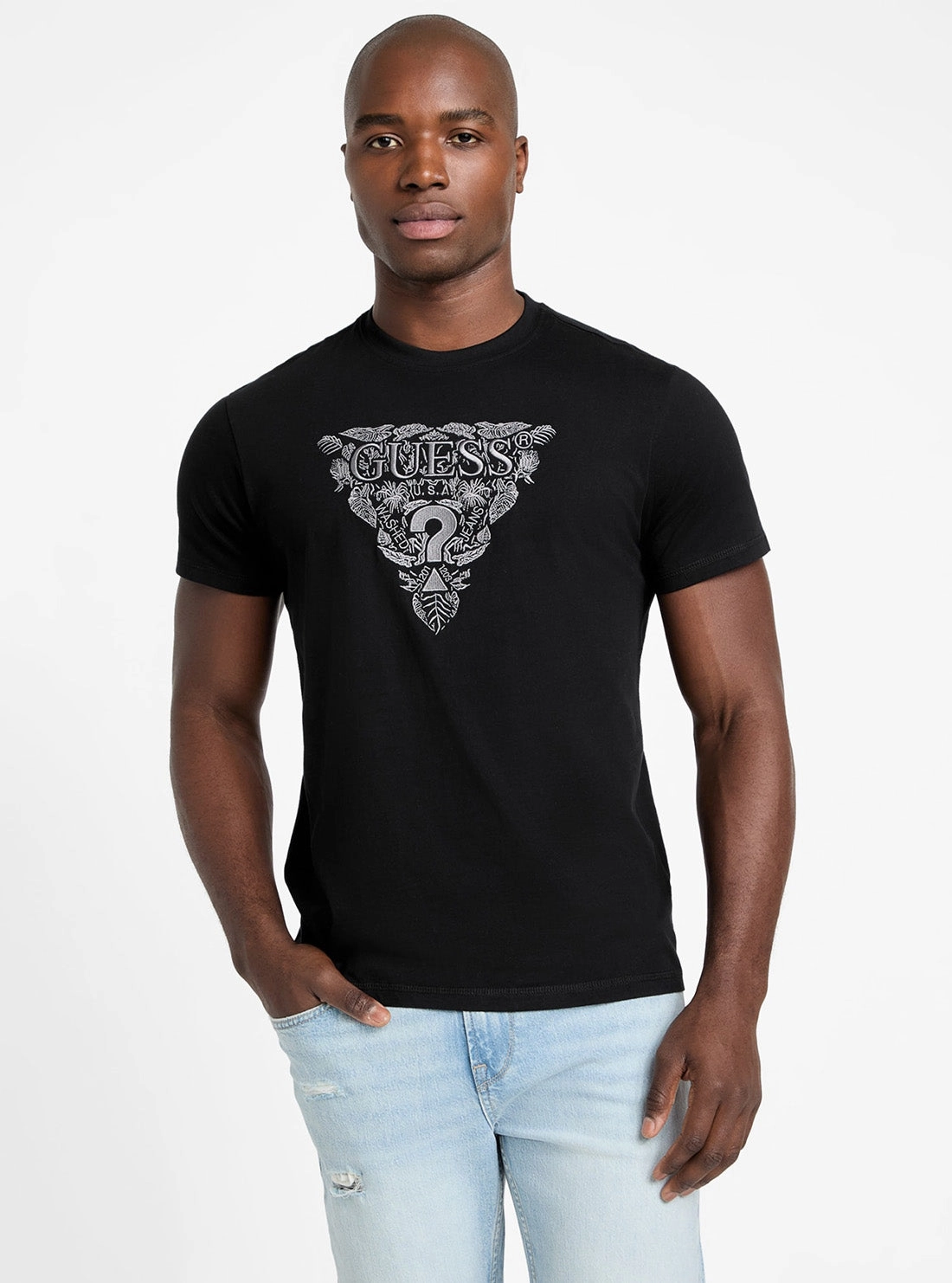 NonRestrictiveCut LowMaintenance Eco Black Flower Embroidered T-Shirt