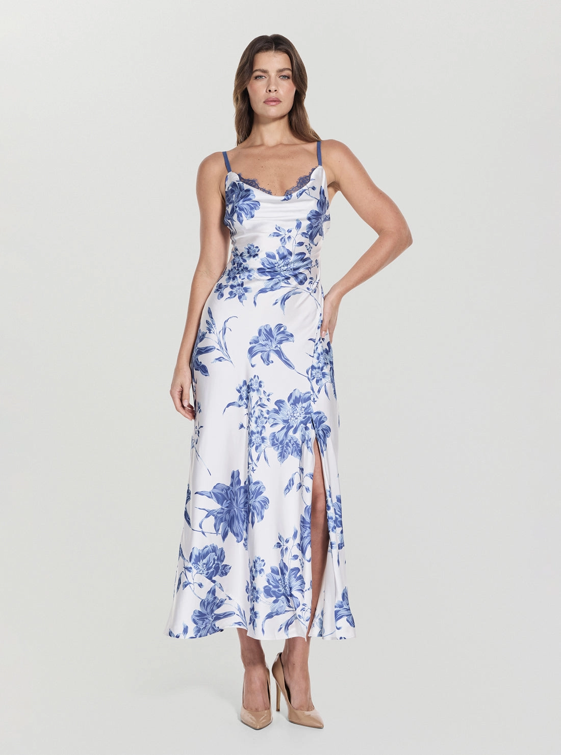 Fall Mood Natural Layers Eco Blue Floral Print Adele Lace Maxi Dress