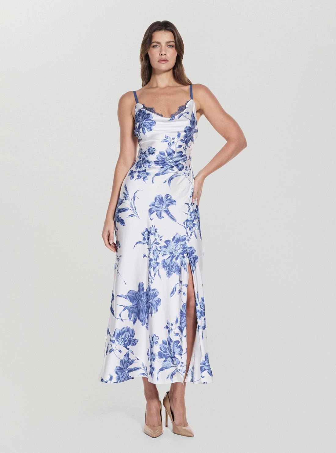 custom-fit Eco Blue Floral Print Adele Lace Maxi Dress