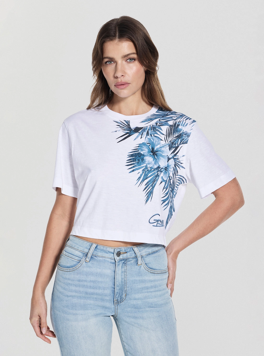AntiPilling Finish WrinkleResistantTextile Eco Blue Palm Print Boxy Cropped T-Shirt