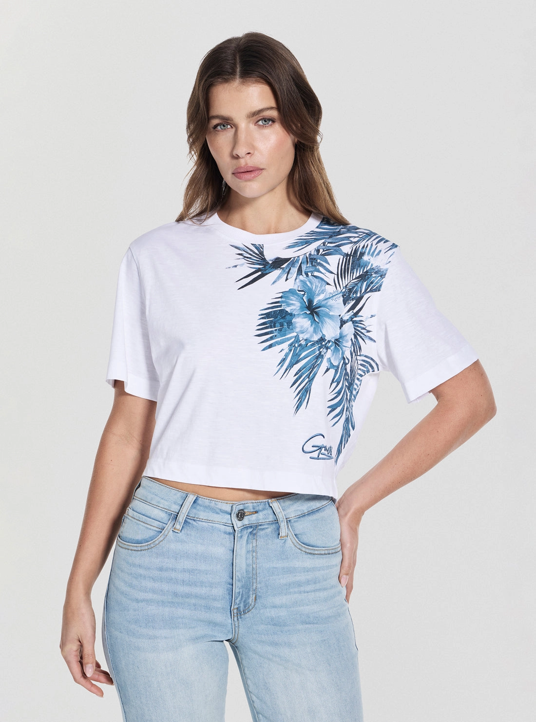 GarmentWashed Texture Eco Blue Palm Print Boxy Cropped T-Shirt