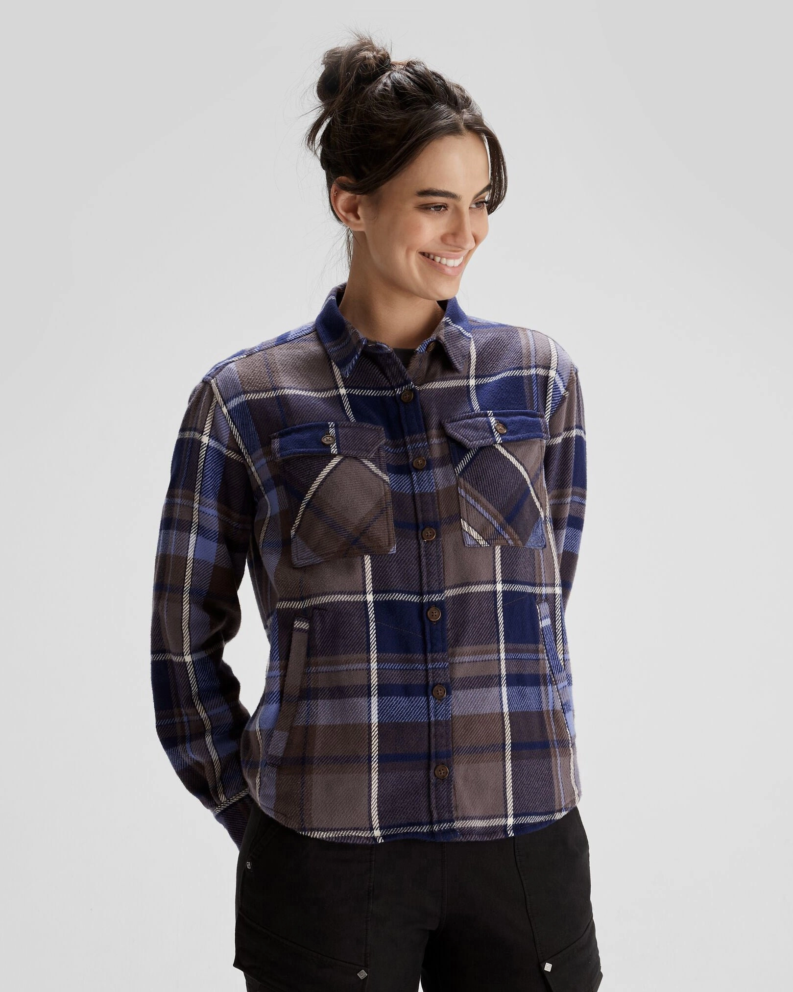 Reinforced Elasticity Plaid Design Women's Huntly Long Sleeve Shirt - Cabin Plaid Horizon Line