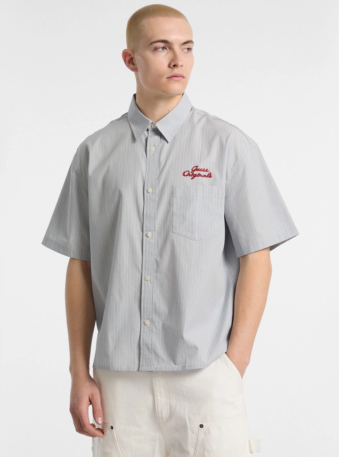 Reinforced Shoulders Guess Originals Eco Blue Striped Poplin Shirt