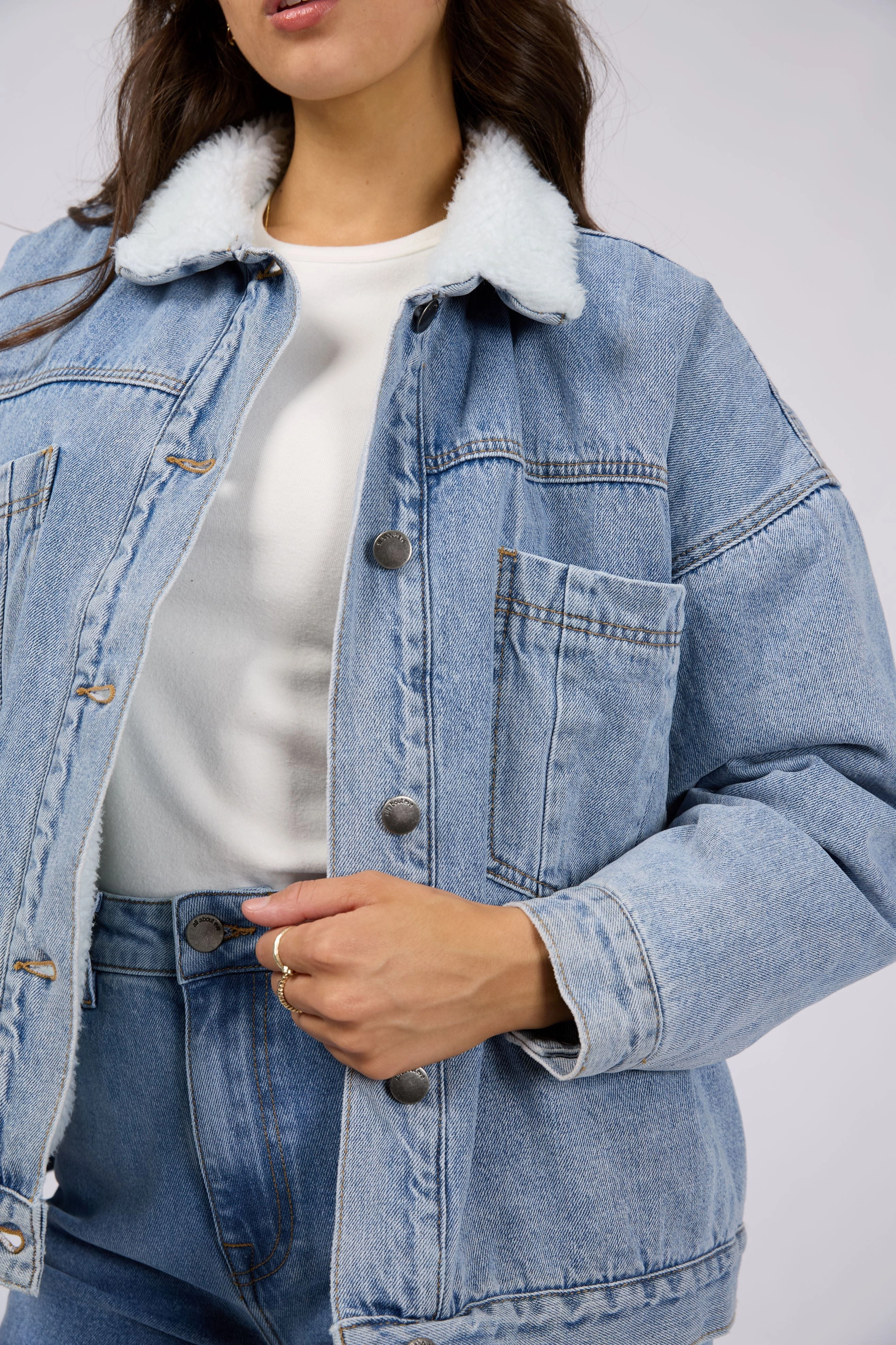 All About Eve Flynn Sherpa Jacket Light Blue Utility Pockets Tear Resistant Weave