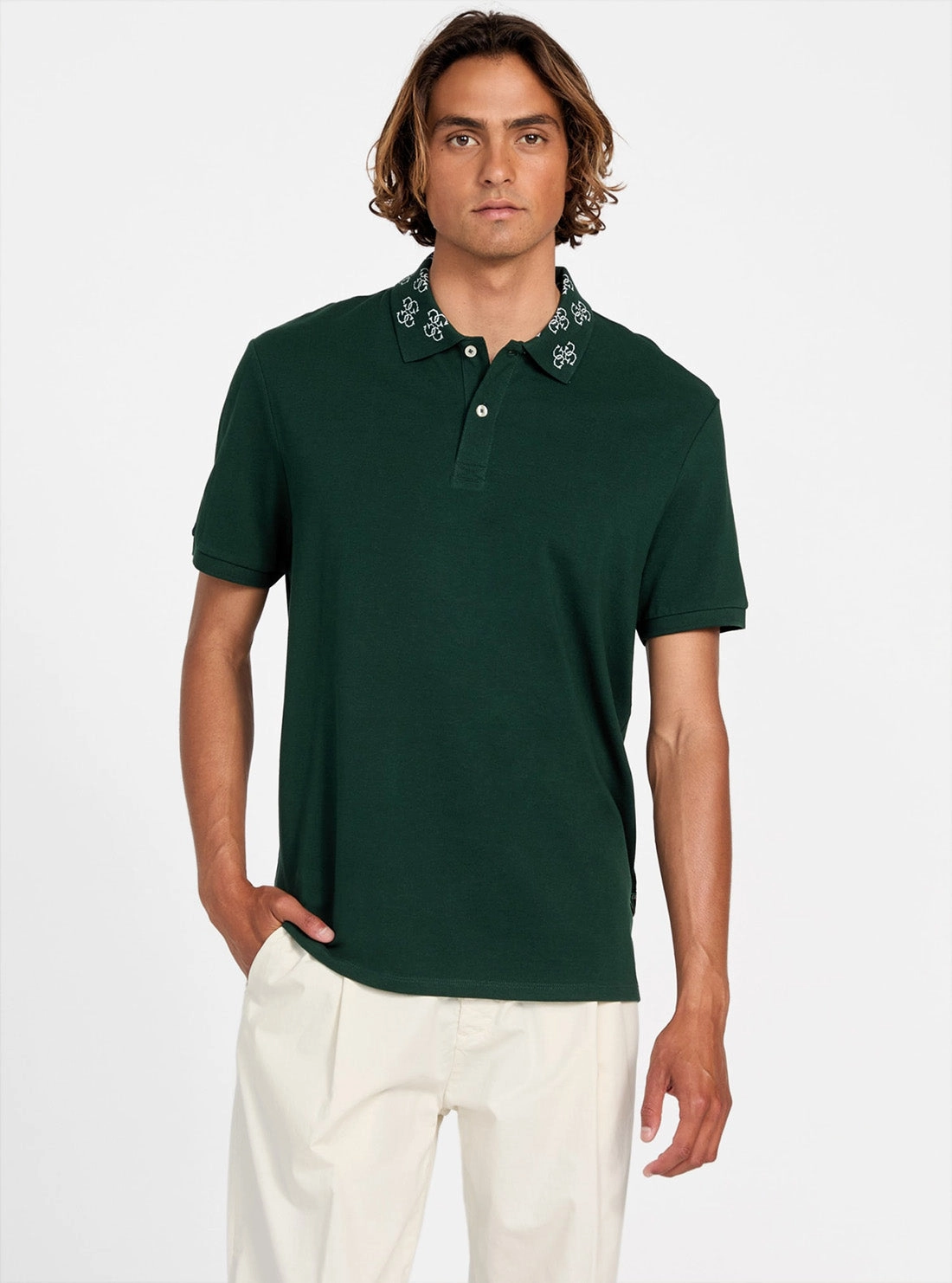 Eco Green Jacquard Logo Collar Polo Shirt Adjustable Hem Refined Aesthetic
