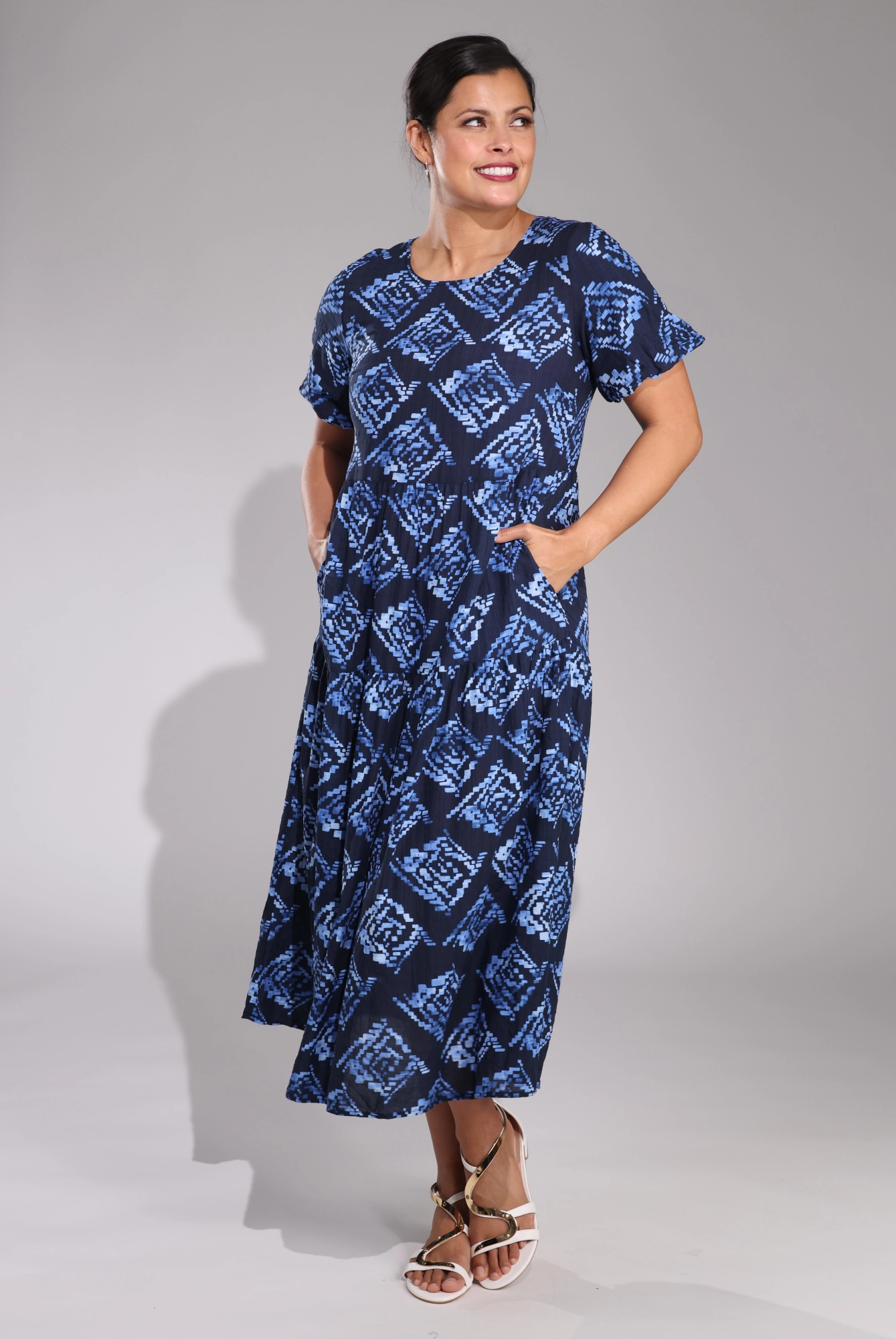 Midi Summer Dress | Blue Black Geo | 6542C1 budget-friendly