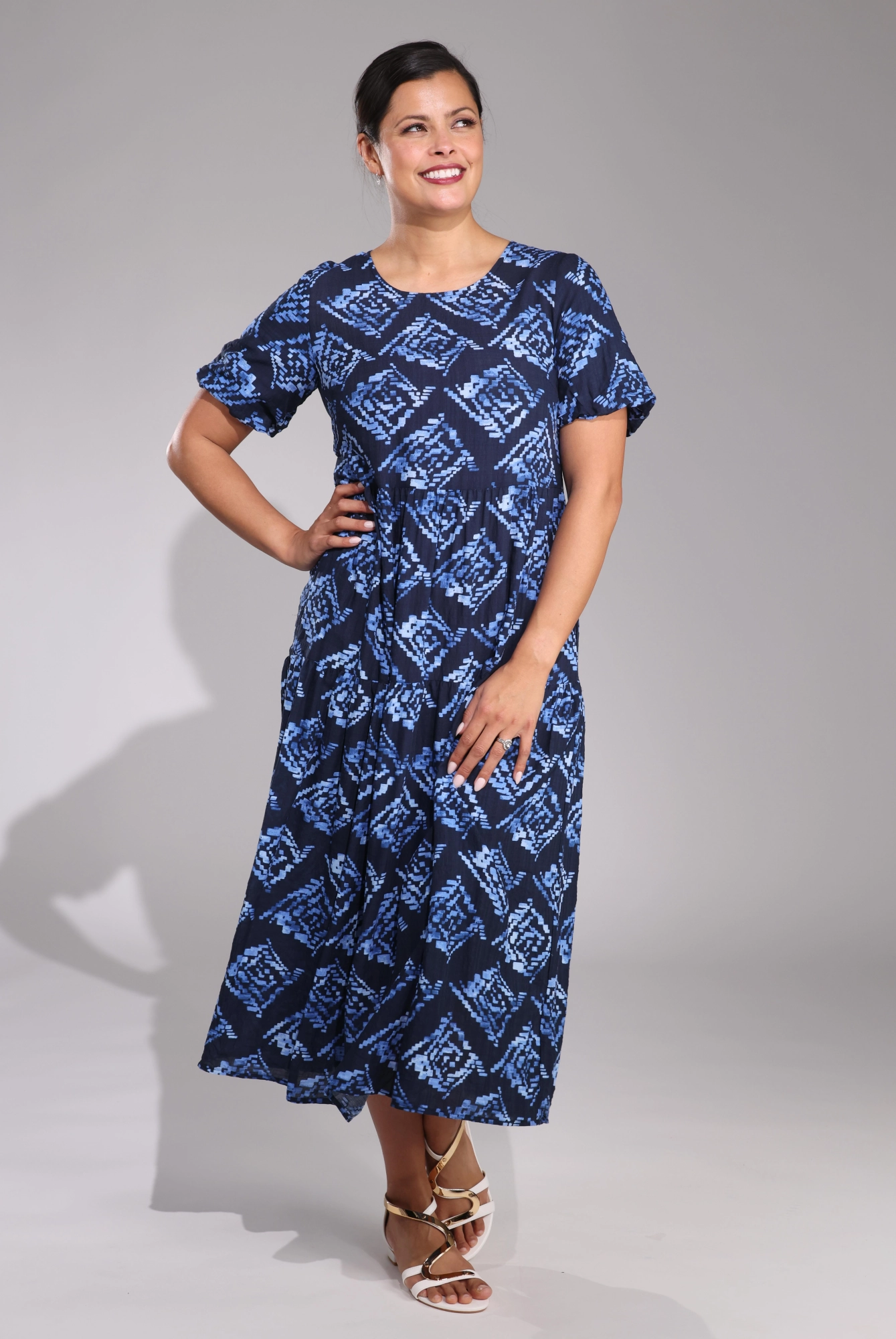 Easy Tones Midi Summer Dress | Blue Black Geo | 6542C1