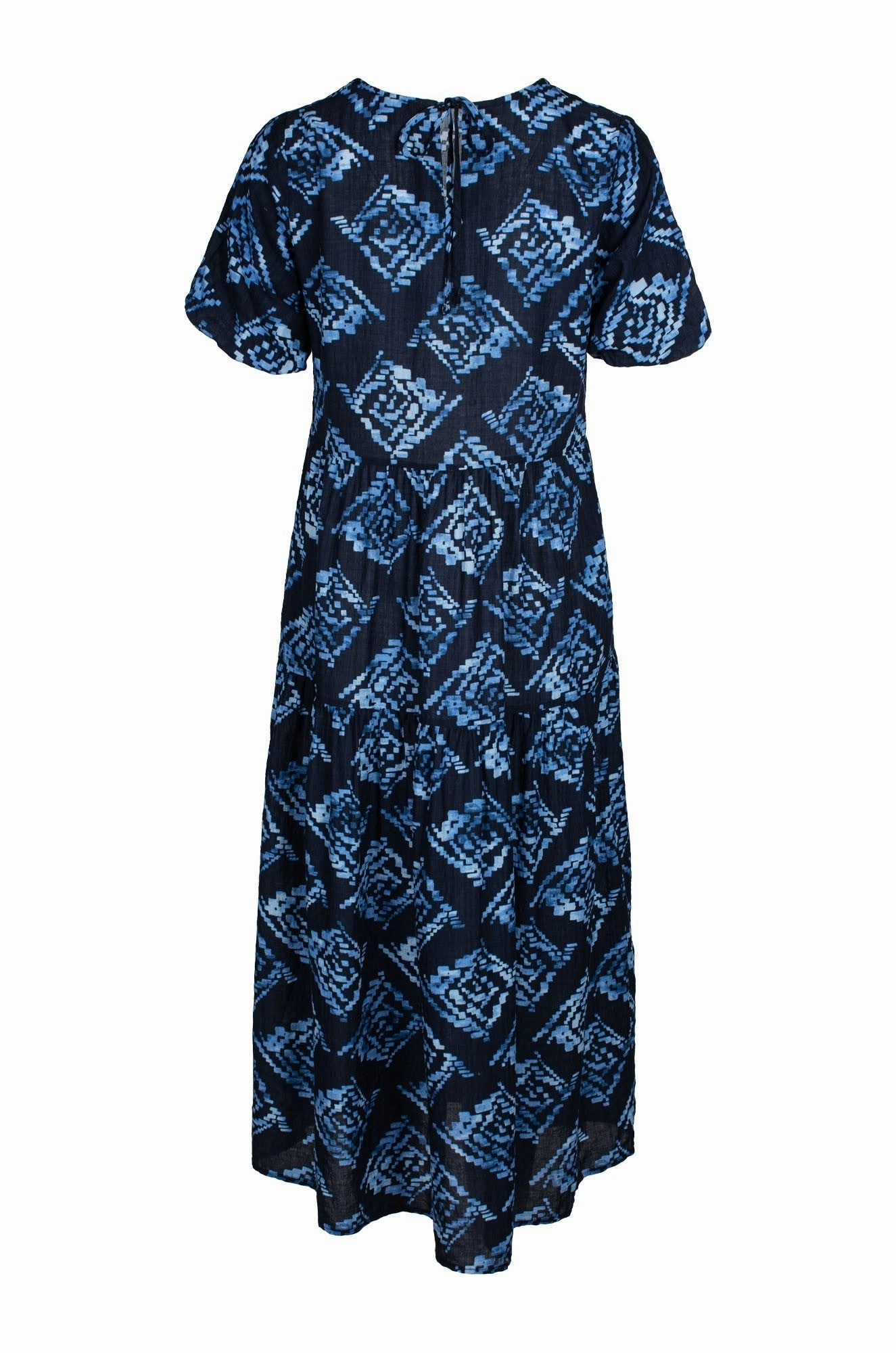 Elastic-Cuff Breathable fabric Midi Summer Dress | Blue Black Geo | 6542C1