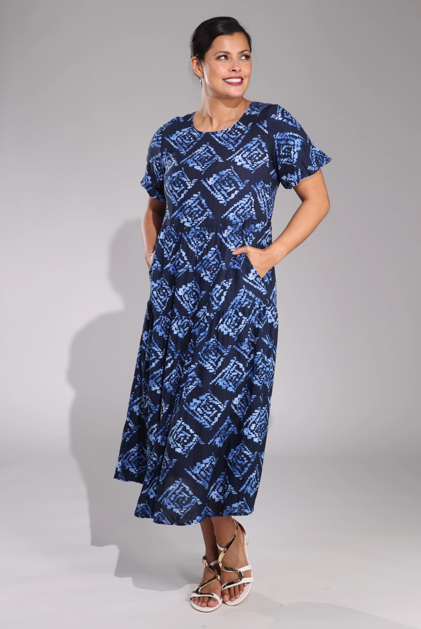 Versatile sundress Soft and Relaxed Midi Summer Dress | Blue Black Geo | 6542C1