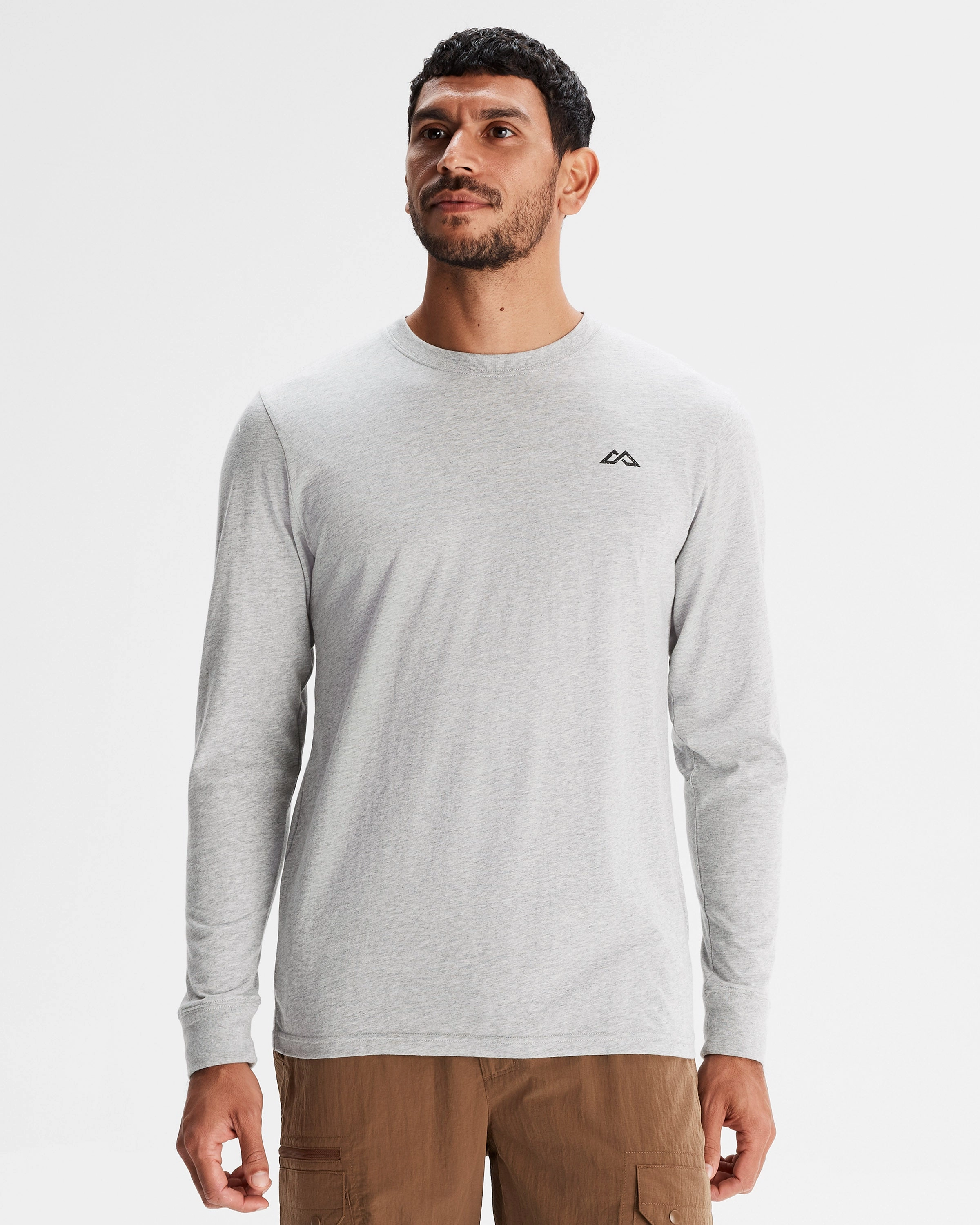 Men's Co-ordinate Organic Cotton Long Sleeve T-shirt - Light Grey Marle High Collar Option GarmentWashed Texture