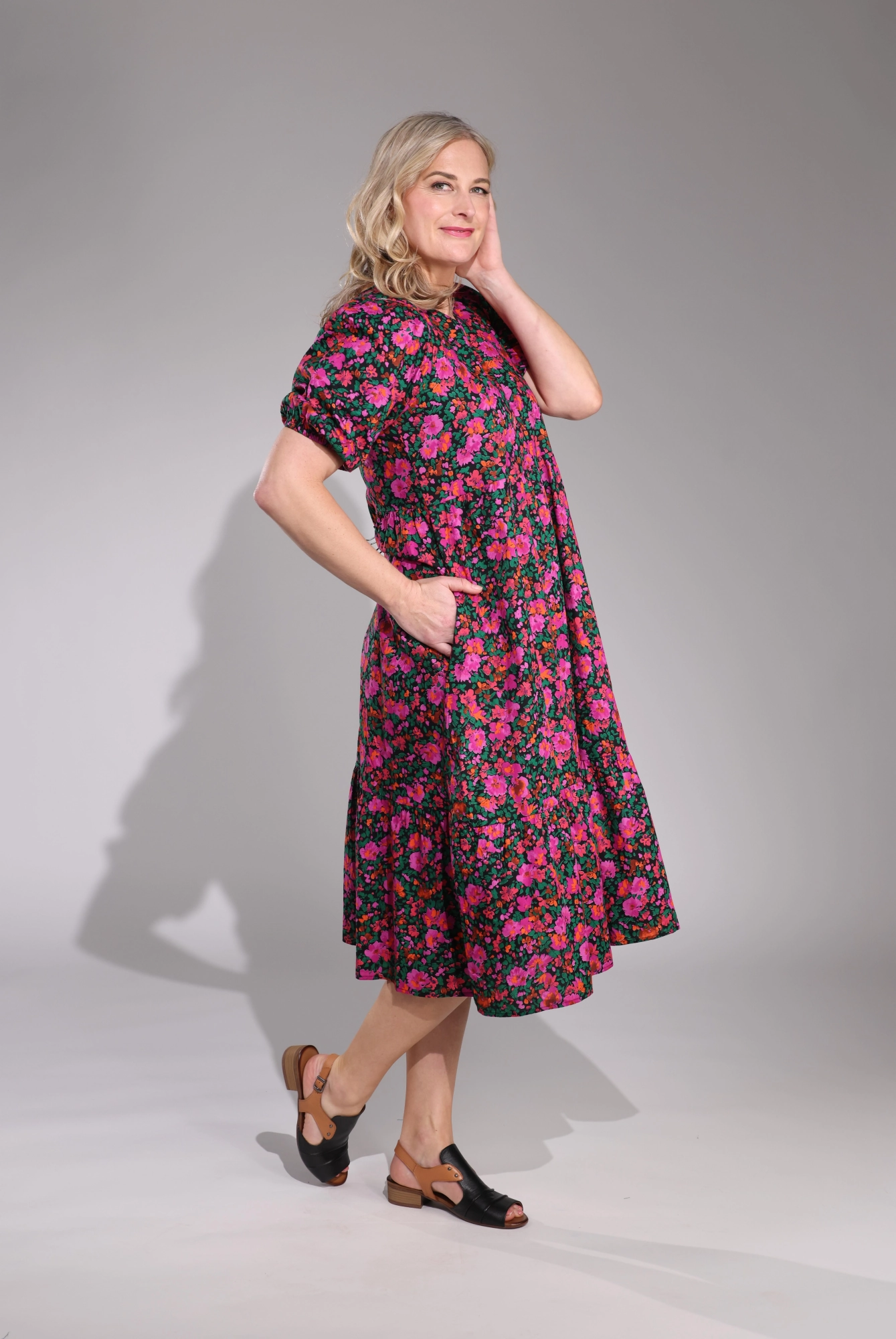 Midi Sundress | Black Magenta Floral | 6521C1 Satin-Edge