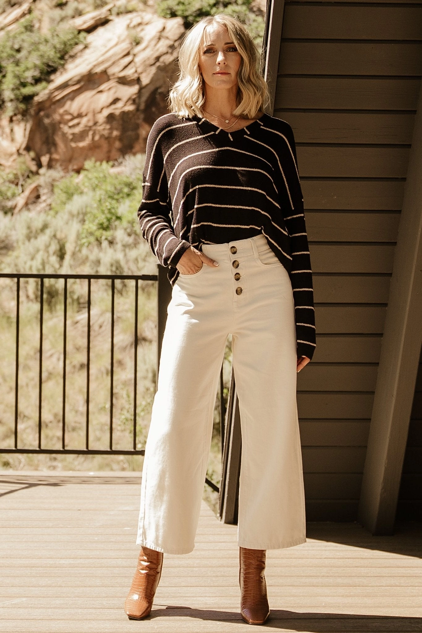 Houston Relaxed Sweater Top | Black Stripe Brushed Interior Stretchy Layers