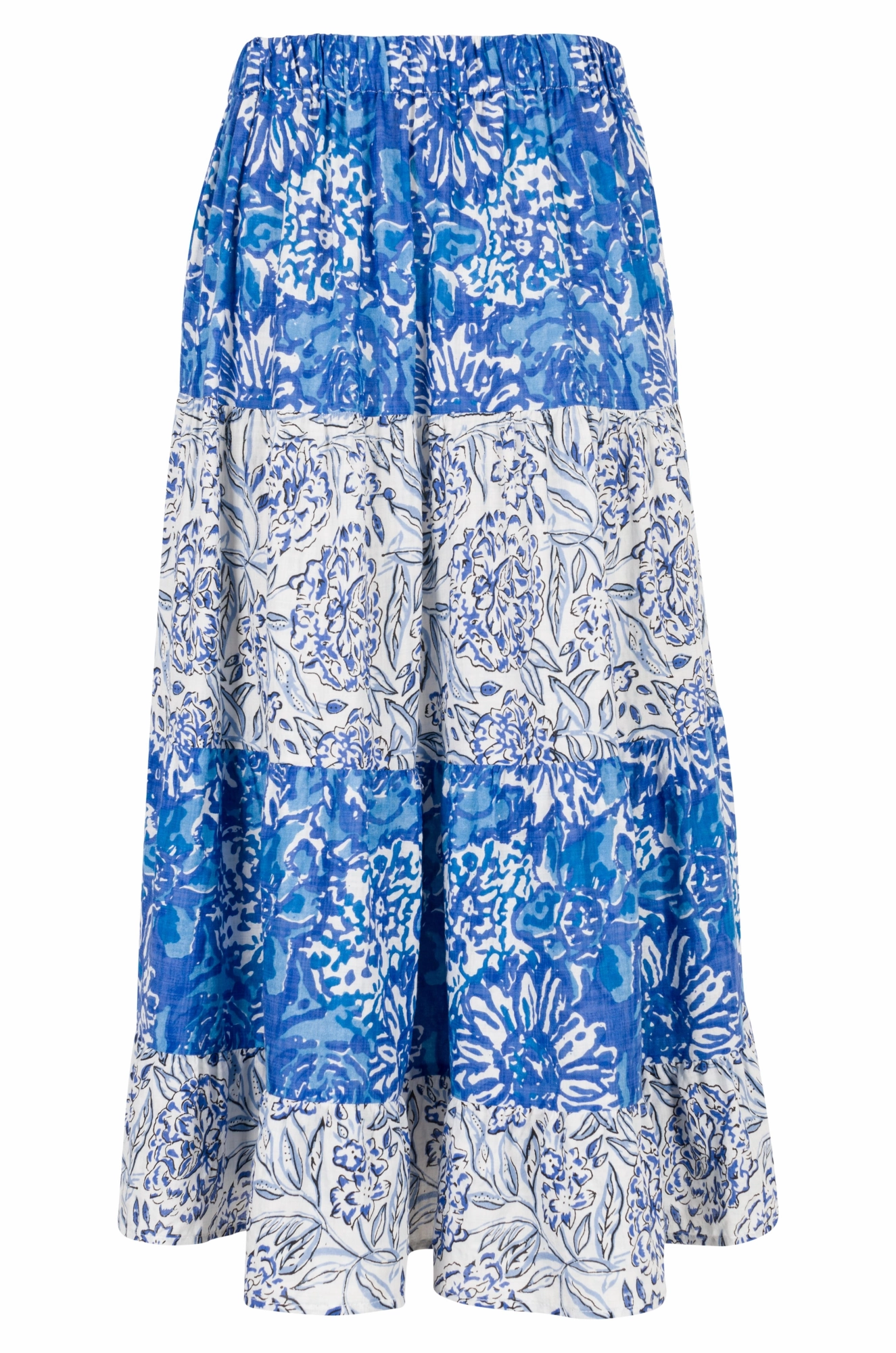 raw hem Elastic waist Skirt with 2 prints | Blue Blooms | 6540A1