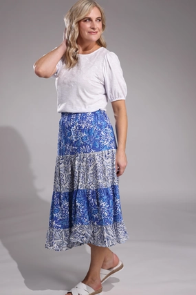 Refined Style Neat Style Elastic waist Skirt with 2 prints | Blue Blooms | 6540A1