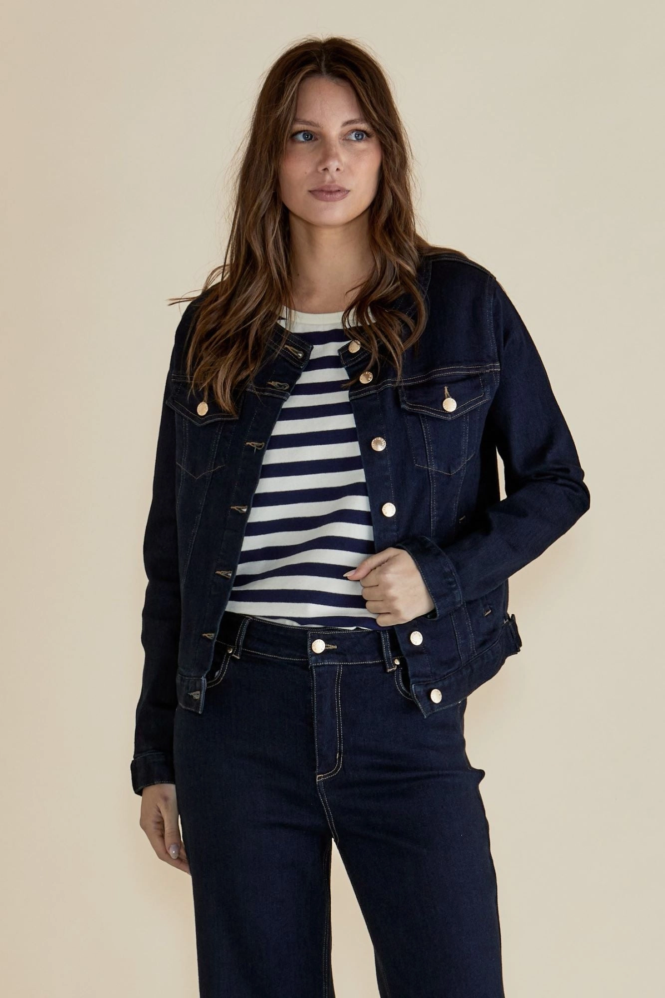 Betty Basics Cindy Collarless Denim Jacket Ink Simple Urban Layer