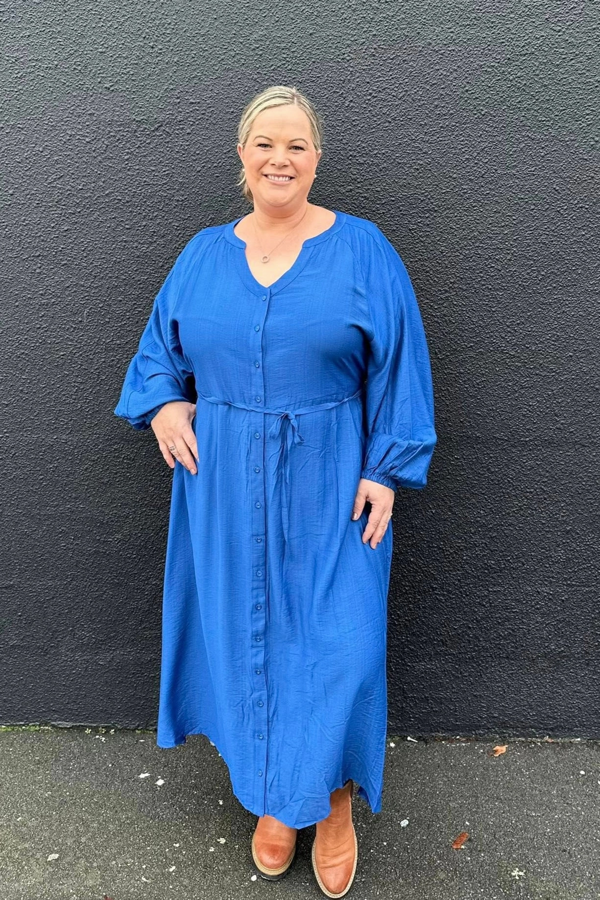 Gloss The Label Amilie Button Front Midi Dress Blue Sophisticated Layers