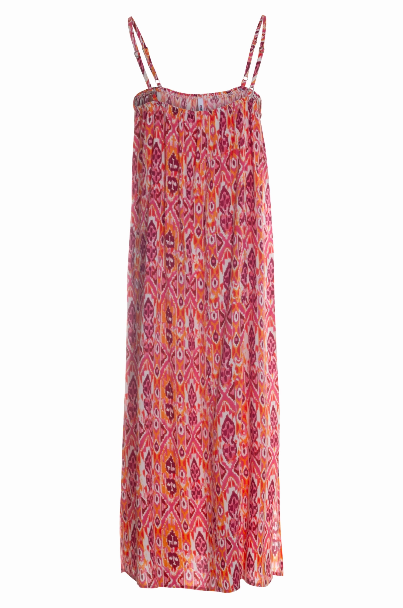 Maxi Dress with spaghetti straps | Pink Orange Aztec | 3357AR Flattering Comfort Wear Hook-And-Eye