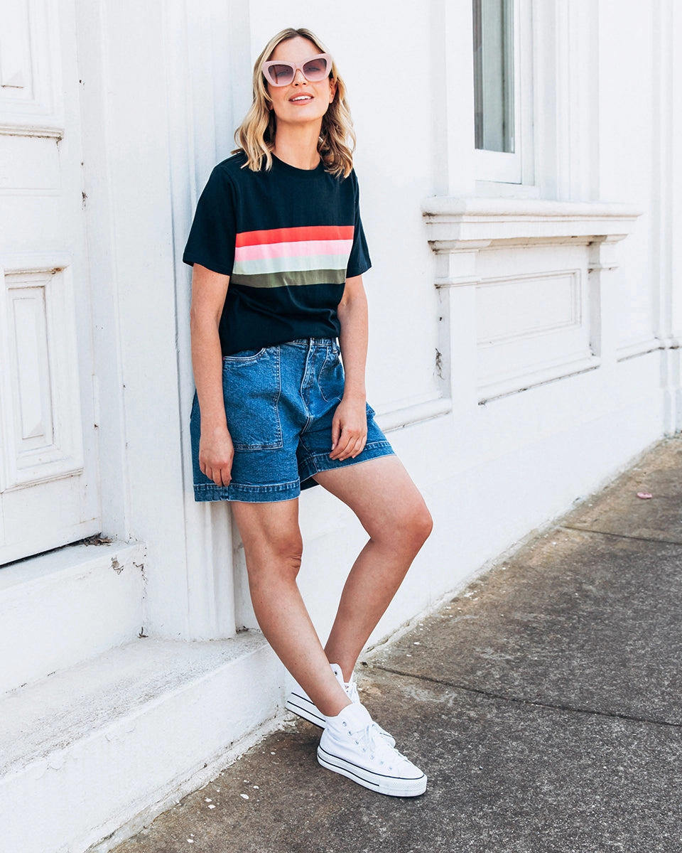 Elm Atlas Denim Short Dark Blue Wash Floral Print Simple Waist