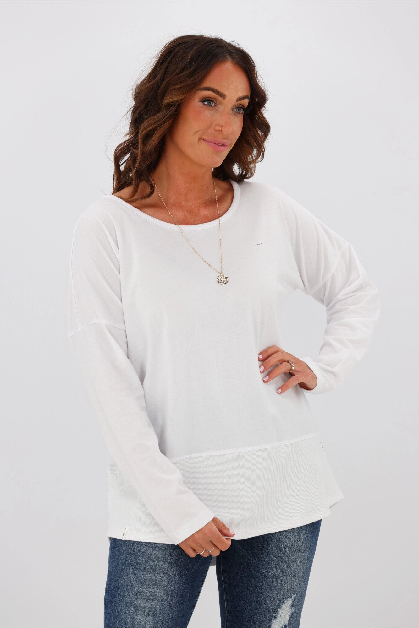 Elm Fundamental Rib L/S Tee White Stretch Knit