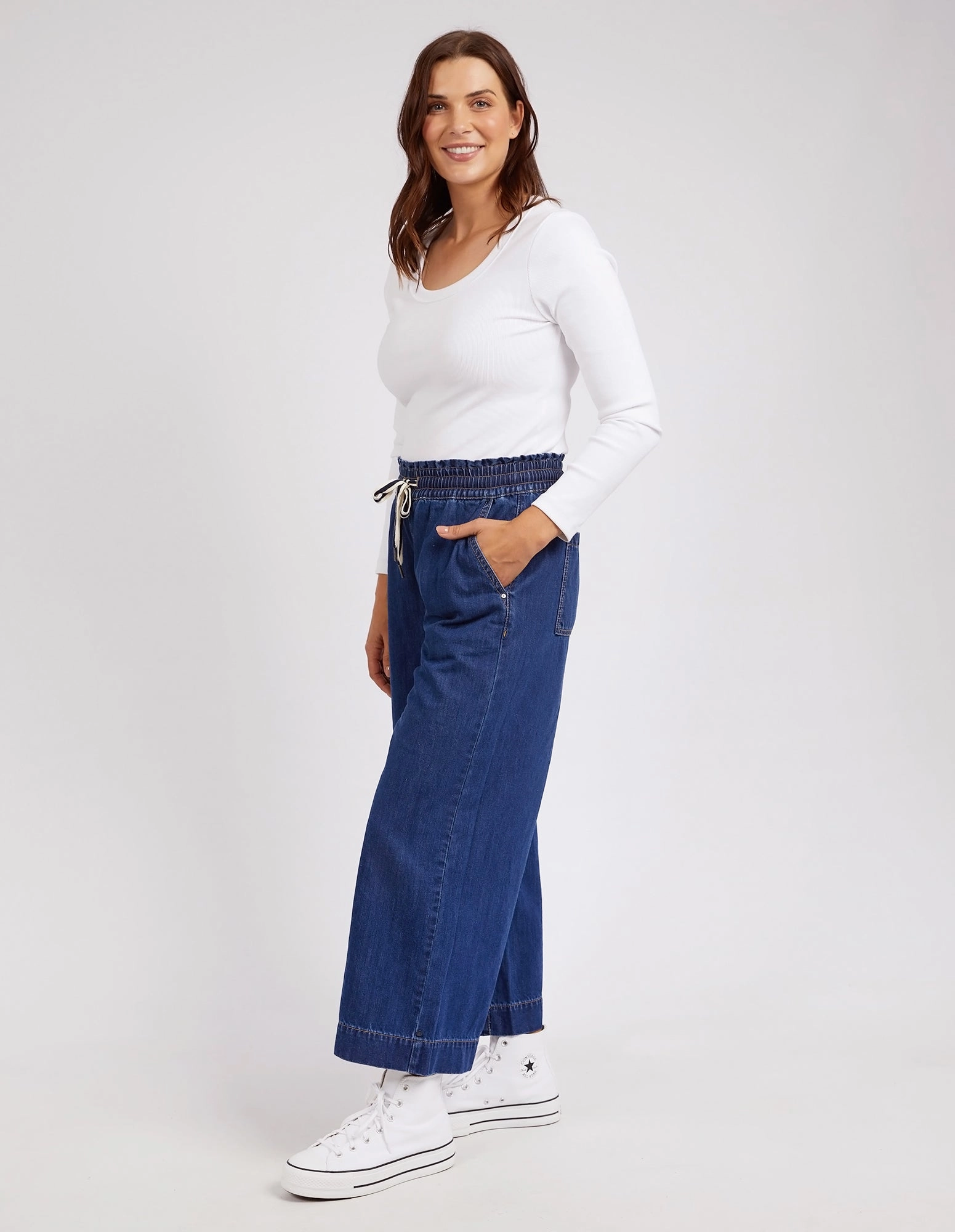 Elm Greta Wide Leg Pant Dark Blue Dance Practice Rib Knit Casual Stretch Design