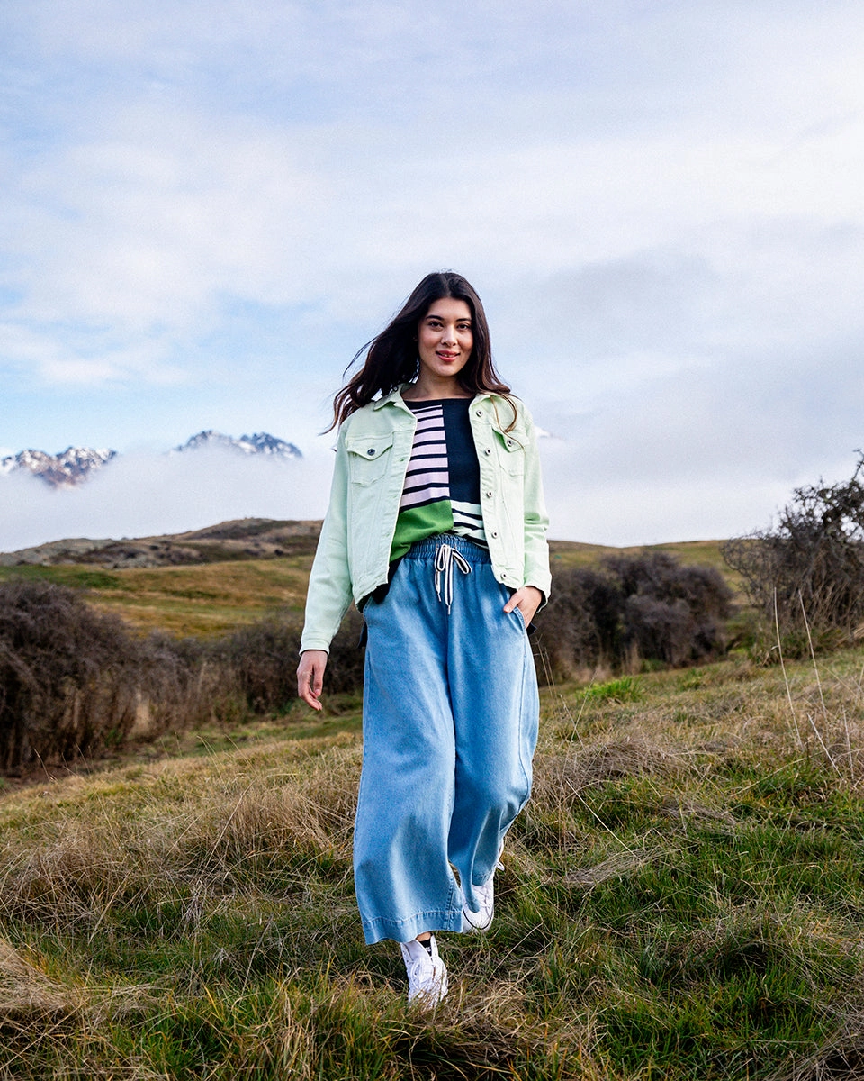 Elm Greta Wide Leg Pant Mid Blue Denim Versatile Layer easy pull