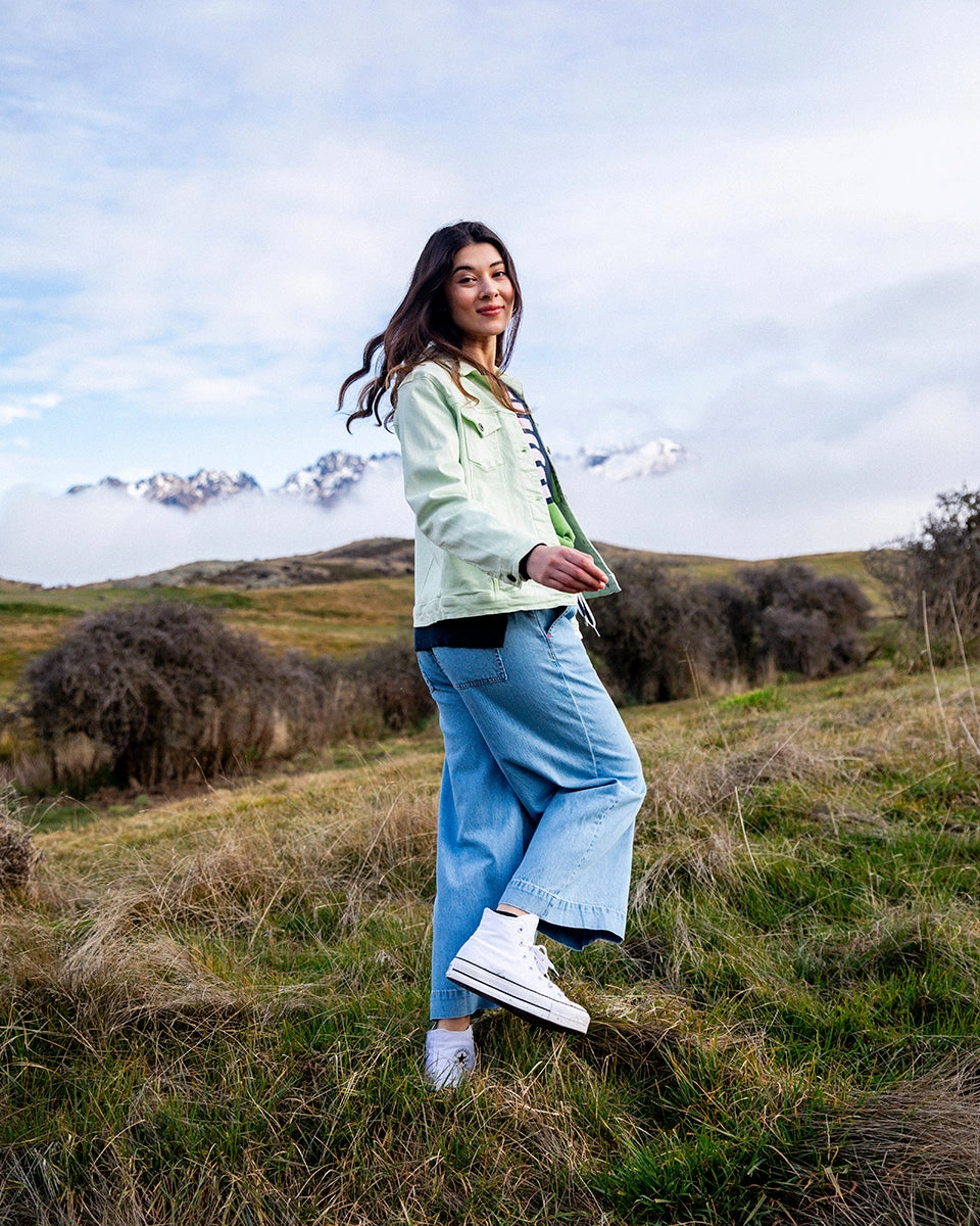 Elm Greta Wide Leg Pant Mid Blue Denim Flexible Style Wear Casual Wearer Four Way