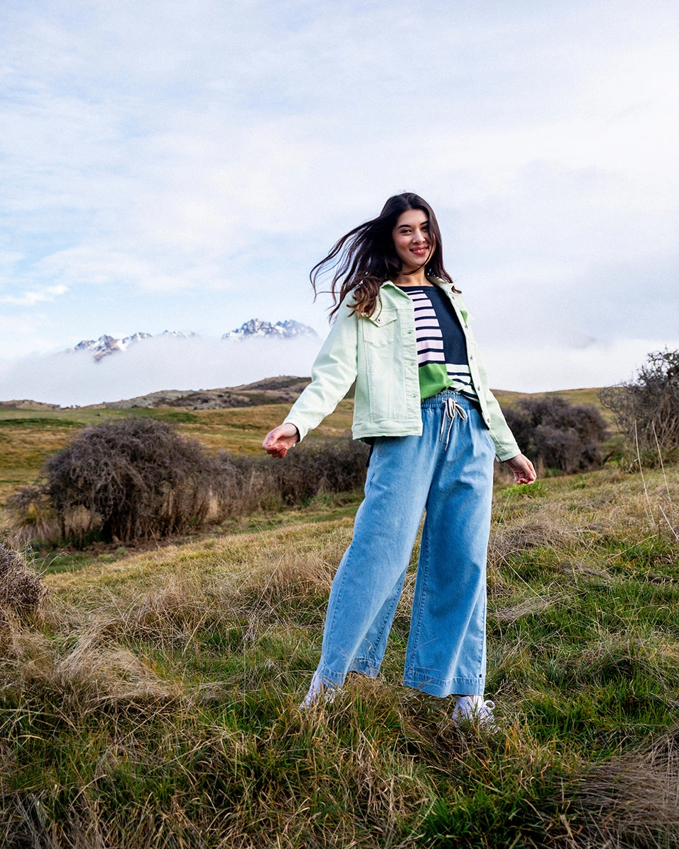 Elm Greta Wide Leg Pant Mid Blue Denim Fitness Lover Fade Resistant Gym Essentials