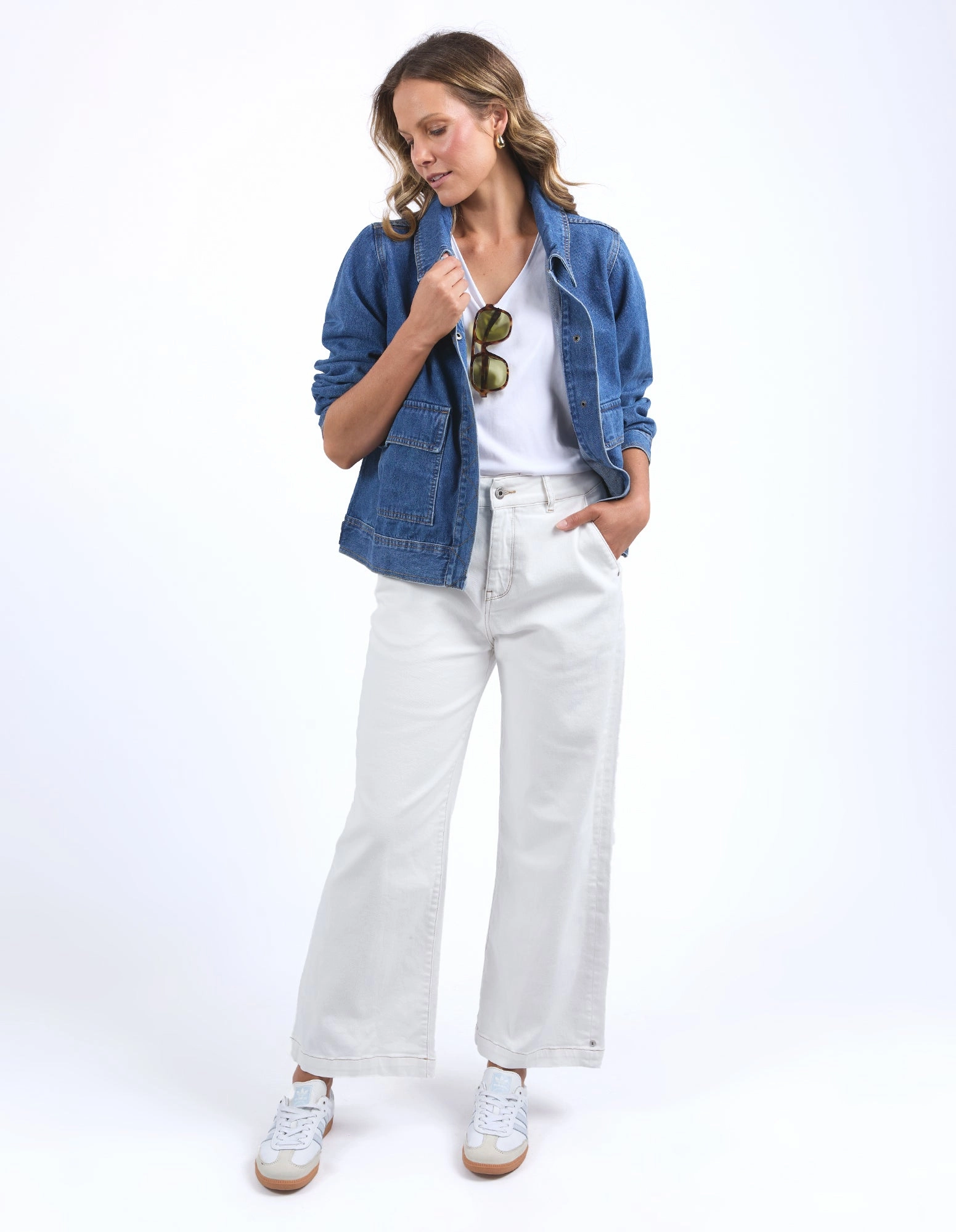 Elm Hunter Denim Jacket Mid Blue Wash Eco Friendly Recycled Material FlexibleHoodDesign