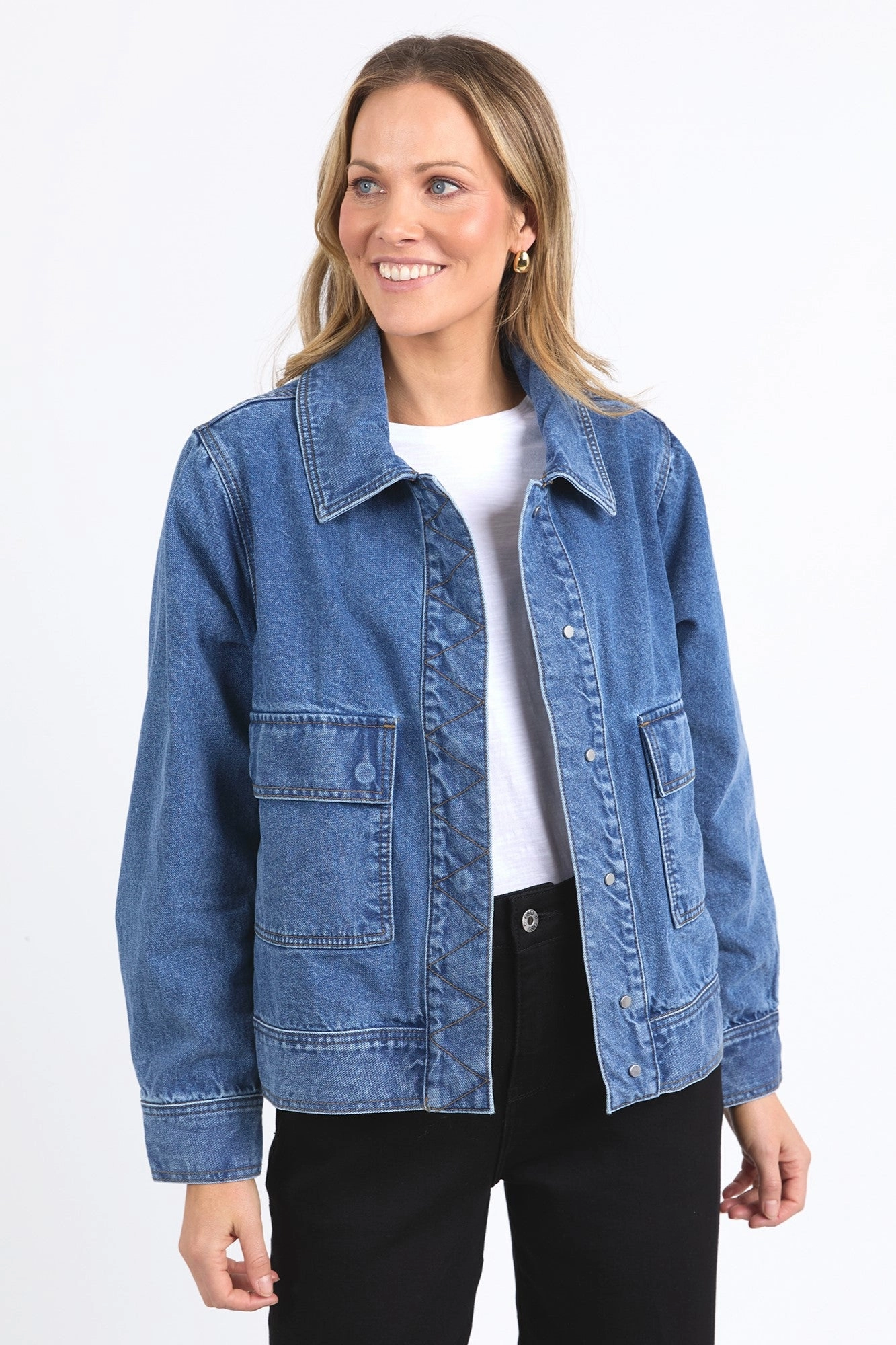 Vegan Leather Accents Elm Hunter Denim Jacket Mid Blue Wash