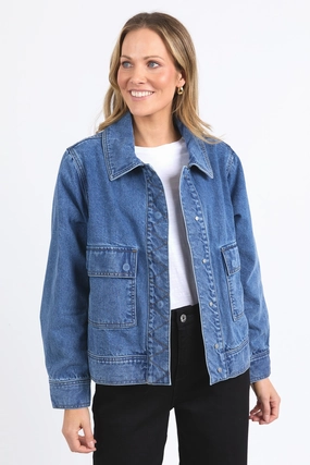 Vegan Leather Accents Elm Hunter Denim Jacket Mid Blue Wash