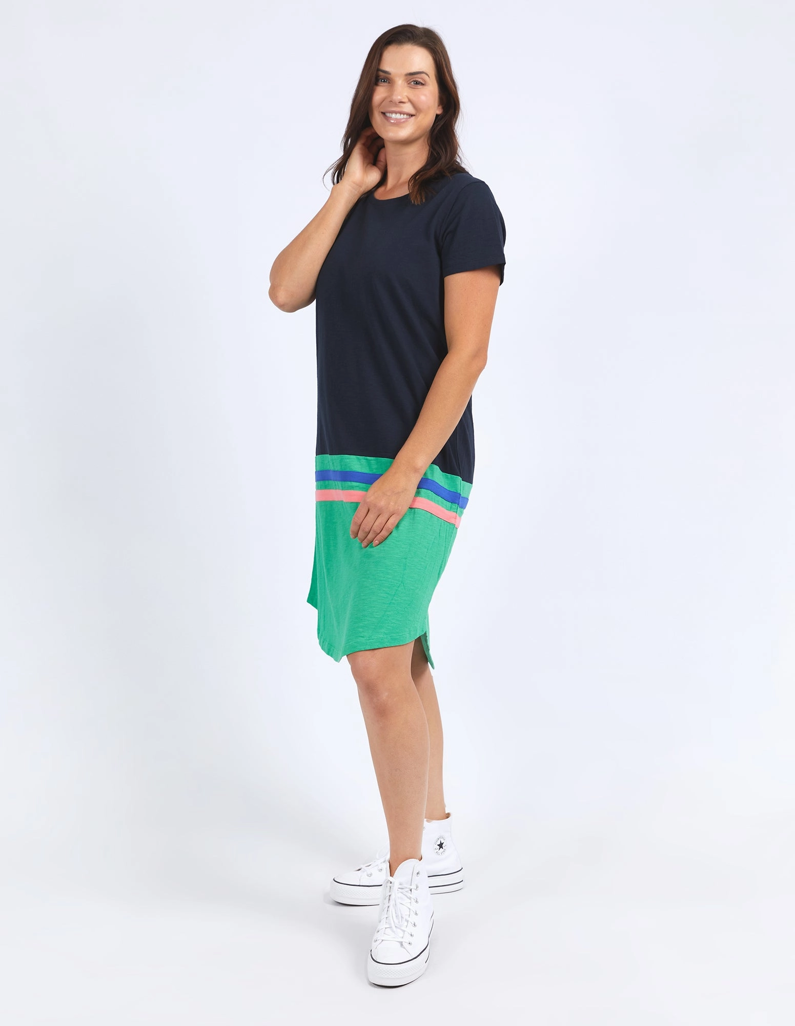Streetwear Style Elm Rhea Tee Dress Navy & Green Colour Block