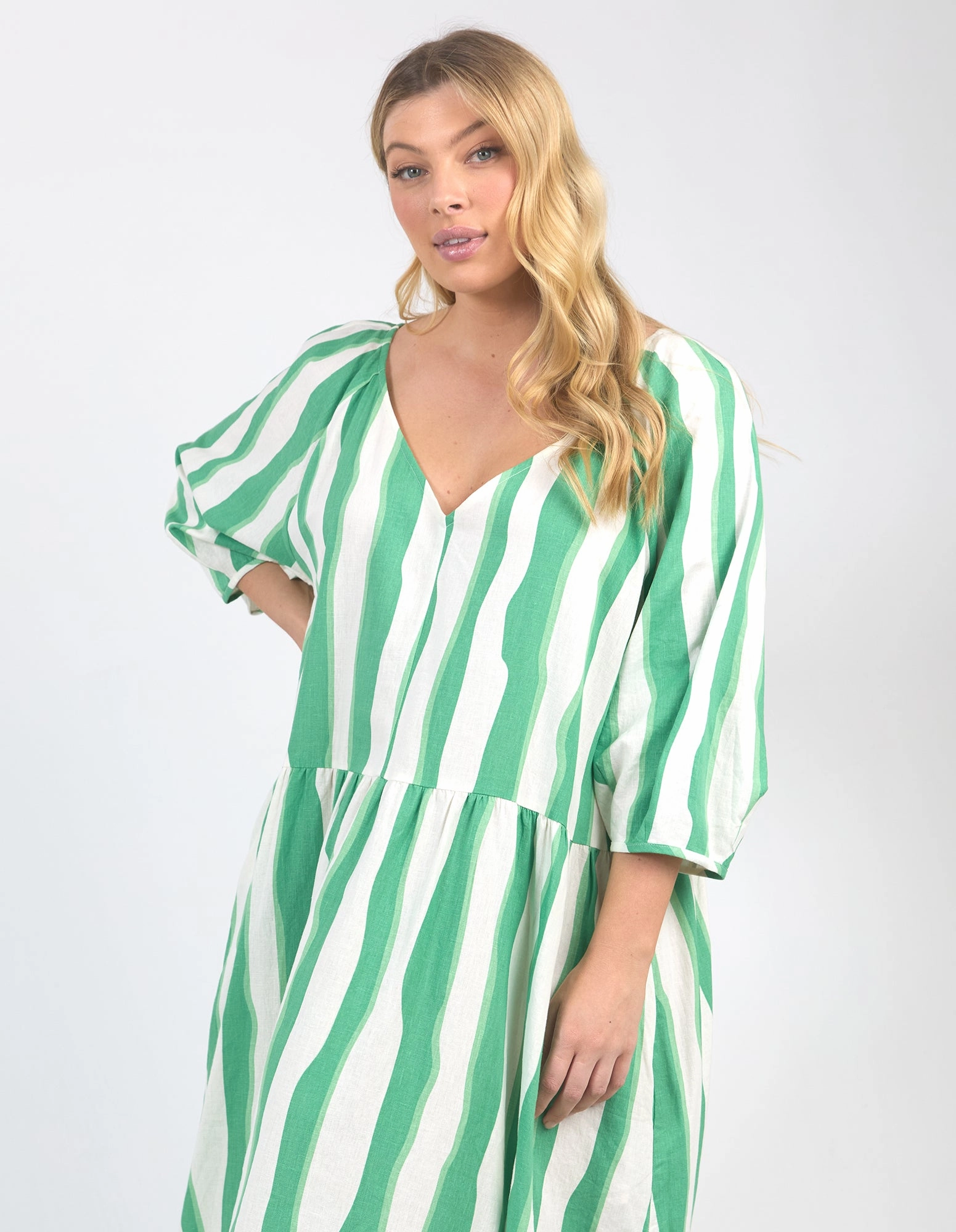 Timeless Beauty Luxe Wear Elm Spritz Stripe Dress Greenbriar/White Stripe